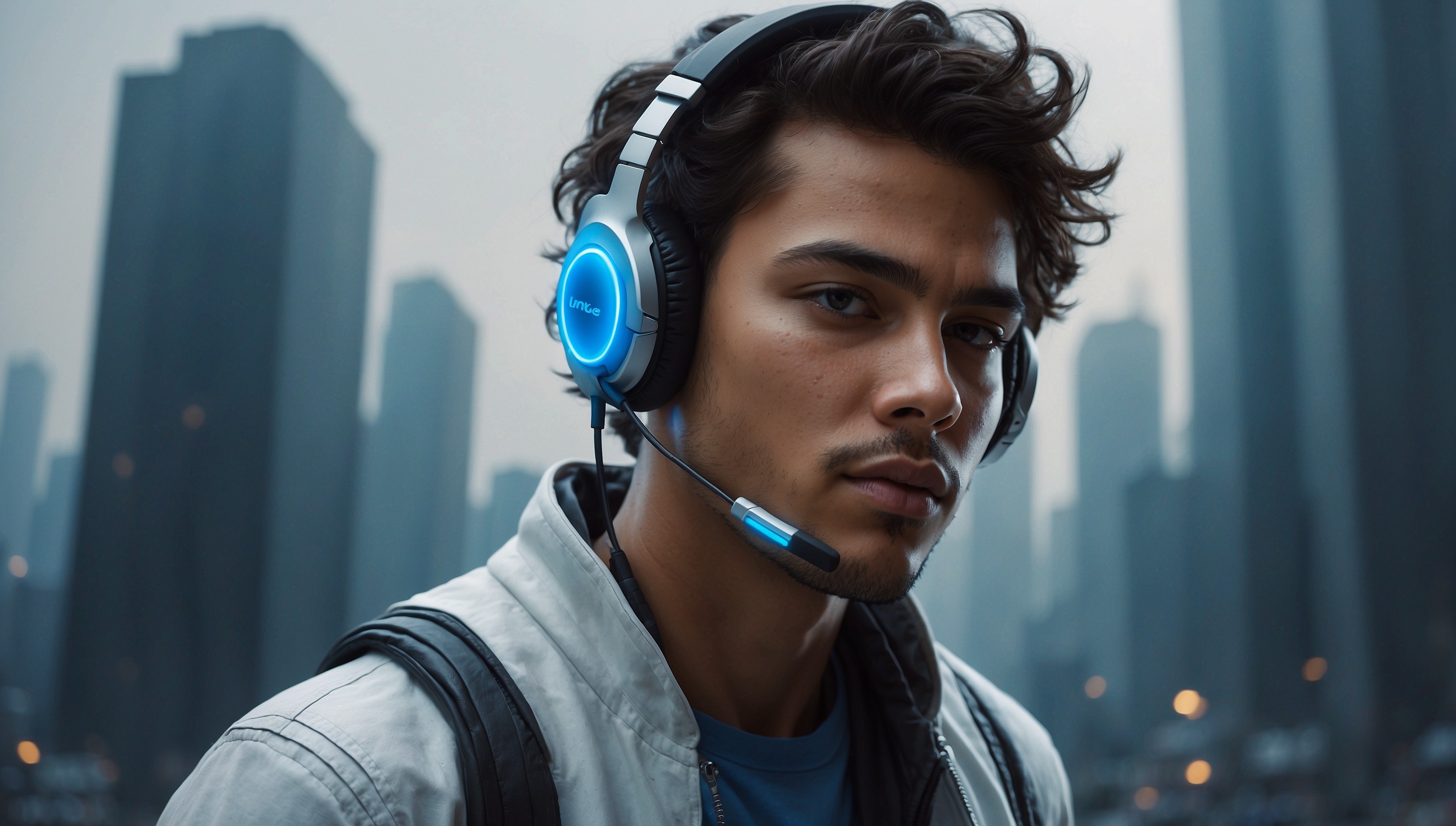 A futuristic gamer or audiophile is shown wearing a sleek, high-tech headset with a matte black finish and glowing blue accents, surrounded by a subtle, gradient-blue mist that evokes a sense of immersion and clarity. The headset