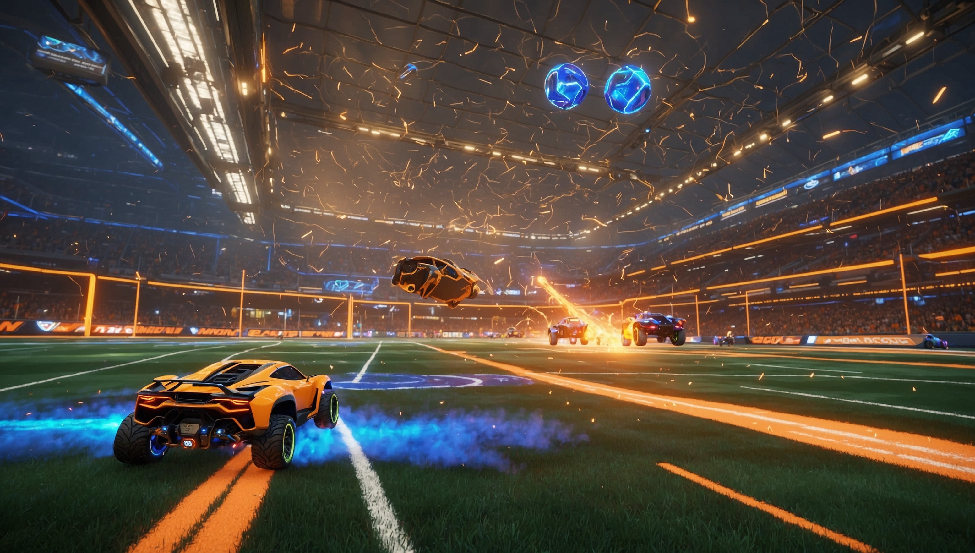 A vibrant and action-packed scene depicting a Rocket League game, set in a futuristic, neon-lit arena with a sleek, high-tech aesthetic, featuring a variety of customizable cars with unique designs, colors, and decals, speeding and jumping around the field, with trails of light and sparks emanating from their tires, amidst a crowd of cheering fans and spectators in the background, bathed in a warm, golden lighting, with a sense of dynamic movement and energy, capturing the essence of the popular physics-based sports game.