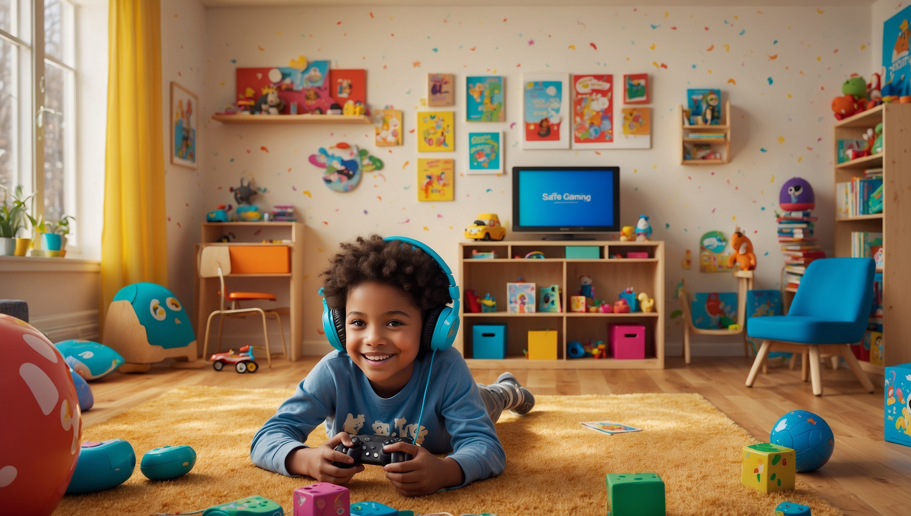 A warm and colorful illustration of a smiling child, with bright brown skin and curly brown hair, sitting comfortably in a cozy playroom, surrounded by kid-friendly gaming devices and accessories, such as a console, controllers, and a kid-safe headset, with a few favorite toys and books scattered around, against a soft, creamy yellow background with subtle pixel art patterns, evoking a sense of fun, safety, and learning, with a bold, modern, sans-serif font overlay displaying the phrase "Safe Gaming for Children" in bright, electric blue letters, with the words "Safe" and "Children" emphasized in a slightly larger size, to convey a sense of importance and responsibility.