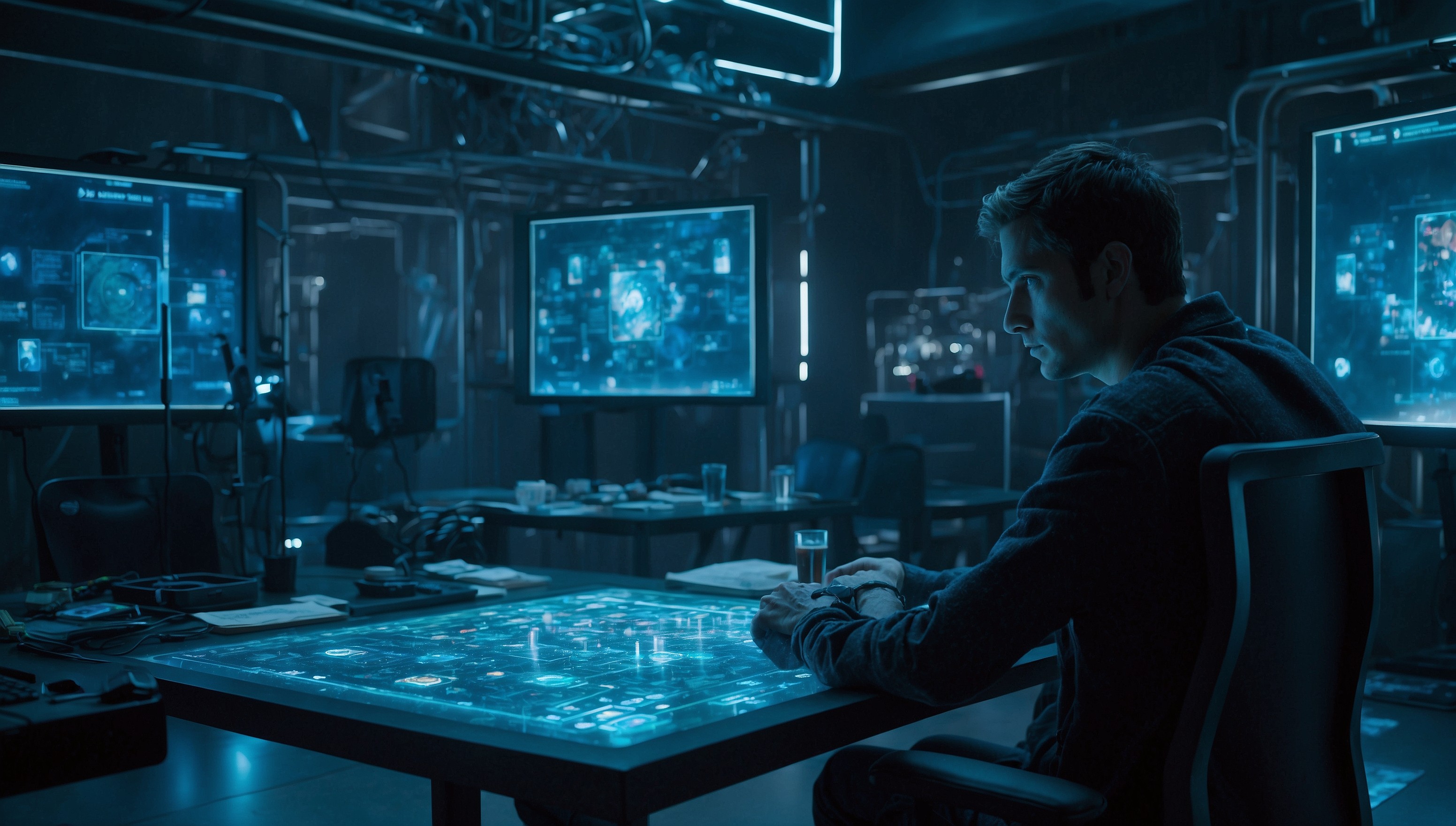 A solitary gamer, with a focused expression and a hint of curiosity, sits in a dimly lit, futuristic laboratory surrounded by holographic screens and scattered papers, intently analyzing a complex digital board game with neon-blue circuitry and glowing, ethereal tokens, the walls adorned with cryptic equations and algorithmic diagrams, as they attempt to decipher the intricate rules and mechanics of the game, with a cup of steaming, liquid-blue coffee abandoned on the nearby workstation, and a few, crumpled up sheets of scribbled notes lying scattered on the floor.