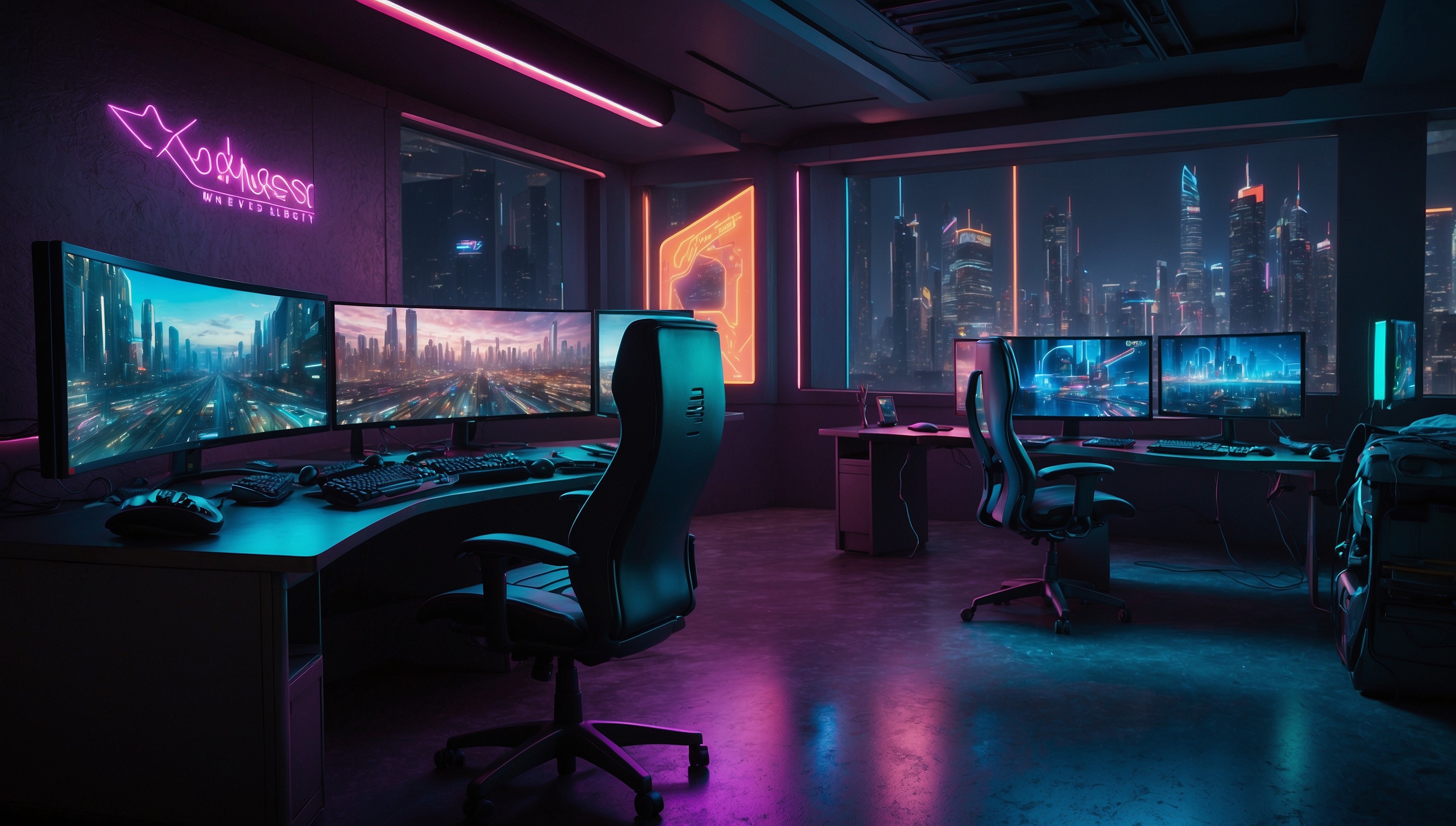 A vibrant and dynamic illustration of cross-platform gaming, featuring a split-screen layout with a console gamer on the left, surrounded by a sleek black console and a large HD TV, and a PC gamer on the right, surrounded by a high-performance gaming PC and a curved monitor, both gamers intensely focused on their screens, with subtle ambient lighting and a neon-lit cityscape in the background, blending modern technology with a futuristic atmosphere, with bold lines, vibrant colors, and abstract shapes, and incorporating the logos of popular gaming platforms in the top-left and top-right corners, in a stylized, futuristic font, with a subtle gradient effect to convey the seamless connectivity between platforms.