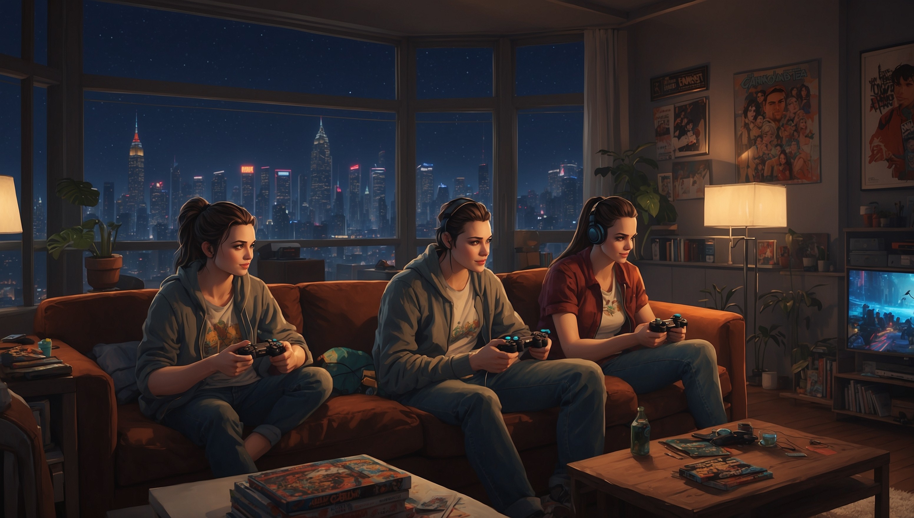 A scenic illustration of two gamers, a male and a female, sitting comfortably on a plush couch, surrounded by gaming consoles, devices, and snacks, with a cityscape visible through the large window behind them, both holding their preferred controllers, with the male wearing a relaxed smile and the female having a focused expression, her dark hair tied back in a ponytail, and both having a subtle glow of excitement on their faces, with the room lit by soft, warm lighting, and the walls adorned with gaming posters and trophies, conveying a sense of comfort and hobbyist pride, with bold colors and clean lines used throughout the artwork, and the controllers themselves taking center stage, with intricate details and textures, showcasing their ergonomic design and functionality.