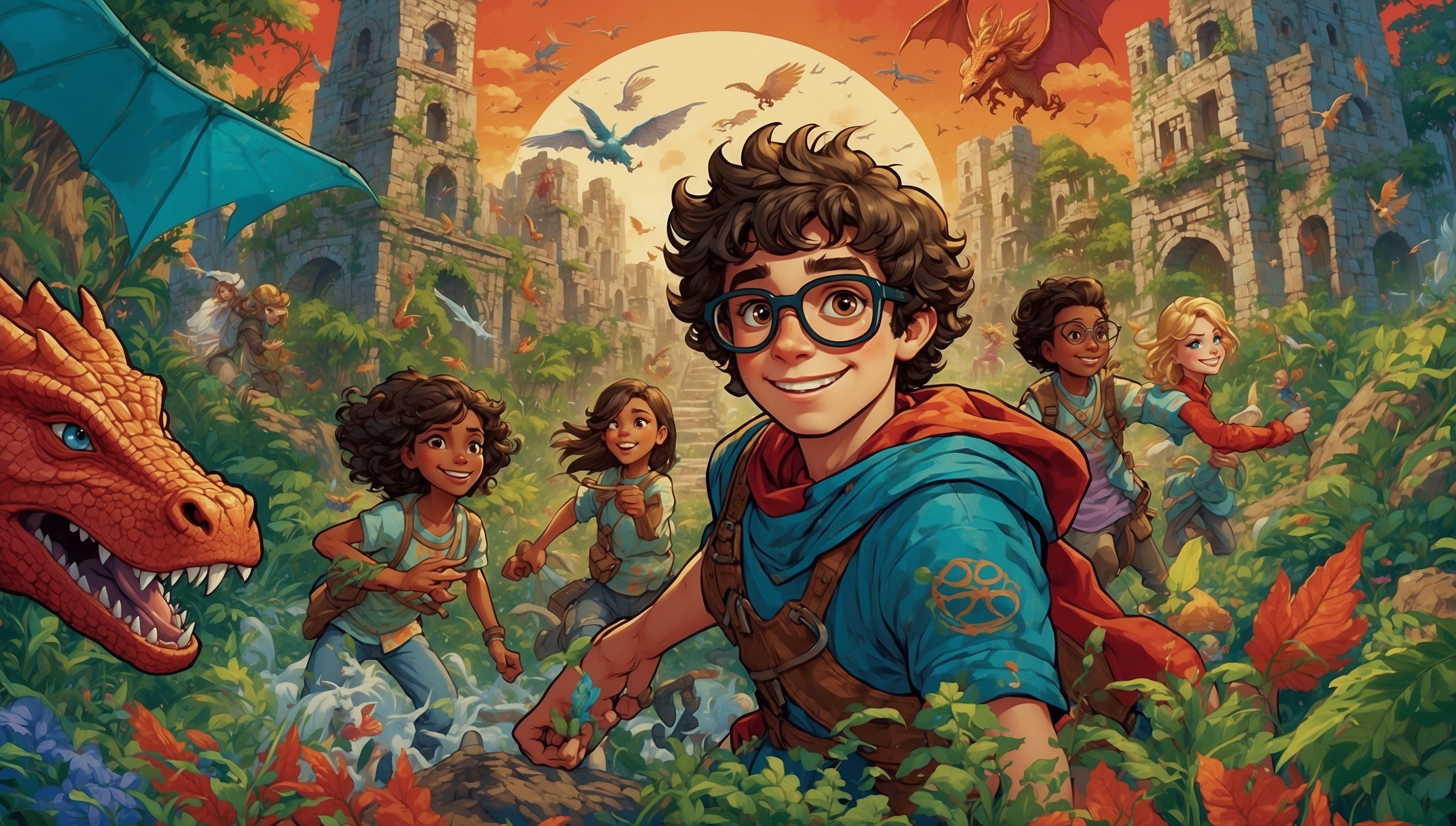 A vibrant, dynamic illustration of Action-Packed Adventures games, set against a bright blue sky with fluffy white clouds, depicting a group of diverse friends, including a young boy with messy brown hair and bright green eyes, a girl with curly black hair and a big smile, and a bespectacled boy with short blond hair, all in the midst of an exciting quest, surrounded by fantastical creatures, such as dragons, unicorns, and phoenixes, amidst a backdrop of ancient ruins, hidden temples, and mysterious forests, with bold, colorful typography and intricate, swirling patterns, evoking a sense of thrill, excitement, and limitless possibility, with the words "Action-Packed Adventures" emblazoned across the top in bold, fiery red letters, shaped like a superhero cape, and the subtle hint of a treasure map in the background, complete with cryptic symbols and ancient runes.