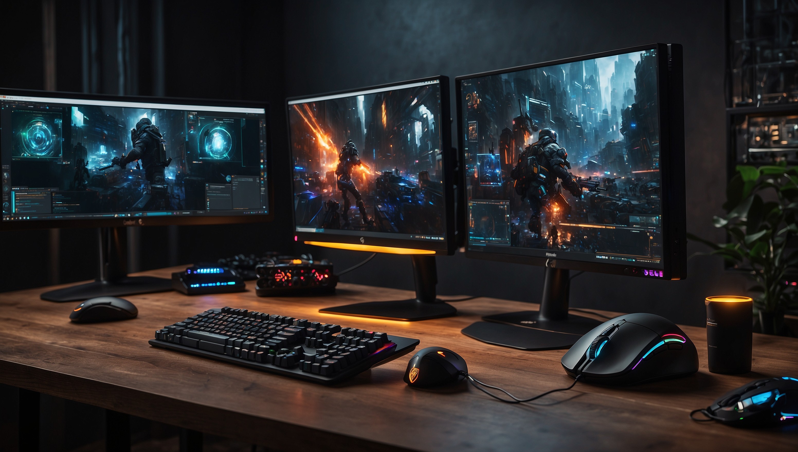 A meticulously organized gaming setup featuring a sleek, high-performance PC with vibrant LED lights, surrounded by multiple monitors with crisp, high-definition displays, and a professional-grade gaming keyboard with customizable backlighting, all situated atop a modern, minimalist desk with a subtle wood grain finish, against a warm, muted background with a hint of soft, ambient lighting, evoking a sense of immersion and focus, with possibly a few strategically placed gaming peripherals, such as a precision mouse and a comfortable, cushioned gaming chair, in a clean and clutter-free environment that exudes a sense of precision and dedication to the craft of PC gaming.