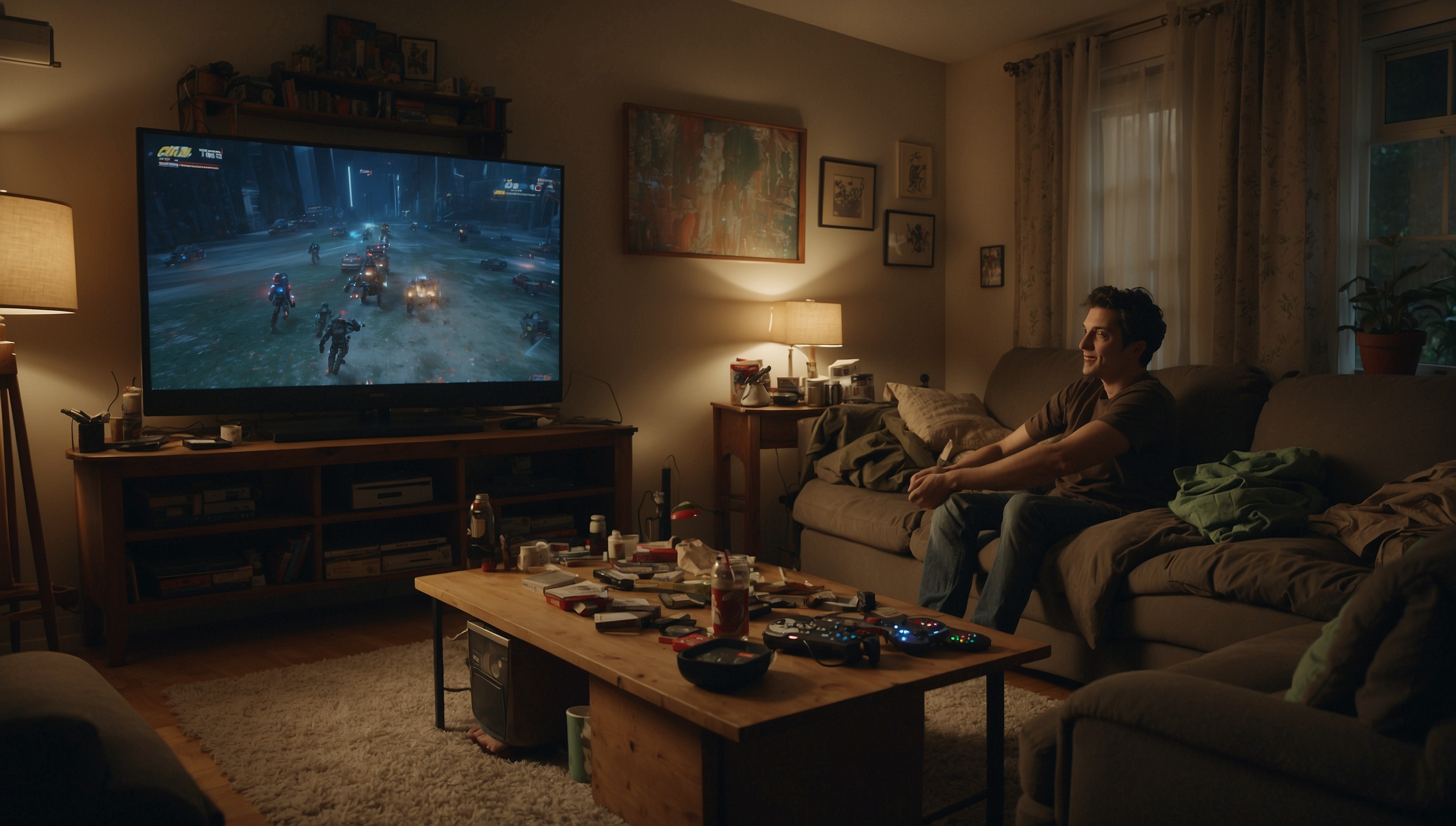 A cozy living room scene with a young adult, likely in their early twenties, with a relaxed expression, sporting a subtle smile, and a gentle glow on their skin, sitting on a comfortable couch, surrounded by scattered gaming controllers, crumpled up snack wrappers, and empty soda cans, with a large, wall-mounted flat-screen TV displaying a paused video game, perhaps a popular multiplayer online battle arena title, in the background, illuminated by soft, warm lighting, casting a sense of tranquility, with the atmosphere evoking feelings of laziness and casual fun, capturing the essence of a laid-back gaming session on a lazy afternoon.