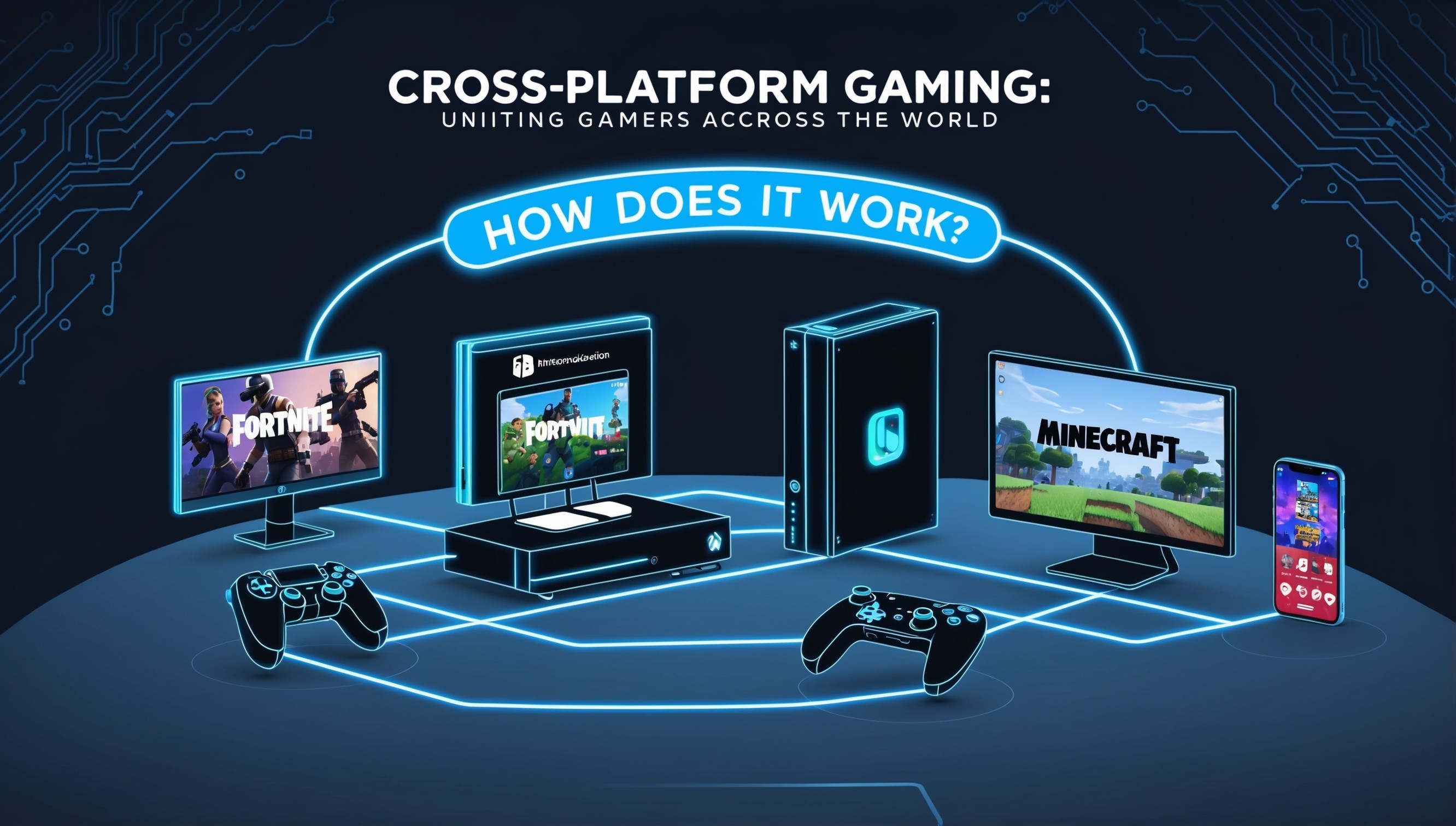 A futuristic, minimalist illustration of interconnected gaming devices, showcasing cross-platform gaming in action, set against a dark blue background with subtle, glowing circuitry patterns, evoking a sense of modern technology and innovation, with sleek, silver outlines around each device, a PlayStation controller, an Xbox console, a Nintendo Switch, a gaming PC, and a mobile phone, all connected by glowing blue lines, forming a network, with screens displaying popular games like Fortnite and Minecraft, and subtle hints of players