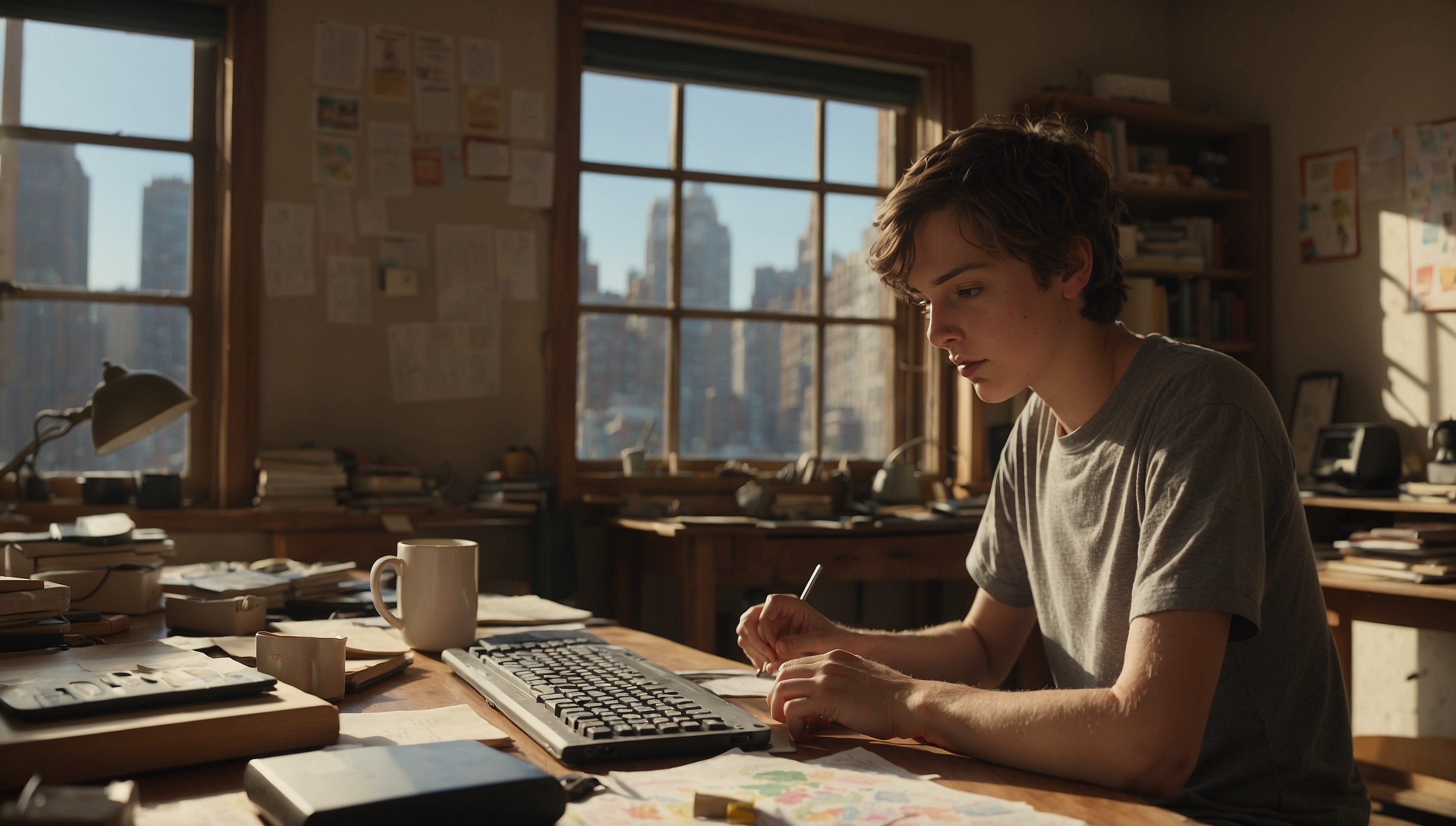 A young person with short, messy brown hair and bright, inquisitive brown eyes is seated in front of a wooden desk, surrounded by scattered papers and empty coffee cups, intensely focused on playing a game or working on a project, with their slender fingers swiftly moving across the keyboard, and occasionally glancing at the computer screen, where colorful icons and windows are open, while the mouse is placed on a worn-out mousepad with a subtle grid pattern, amidst a warm and cozy atmosphere, with soft, natural light pouring in from the window in the background, casting a gentle glow on the entire scene, with a blurred cityscape visible outside, conveying a sense of productivity and creativity.