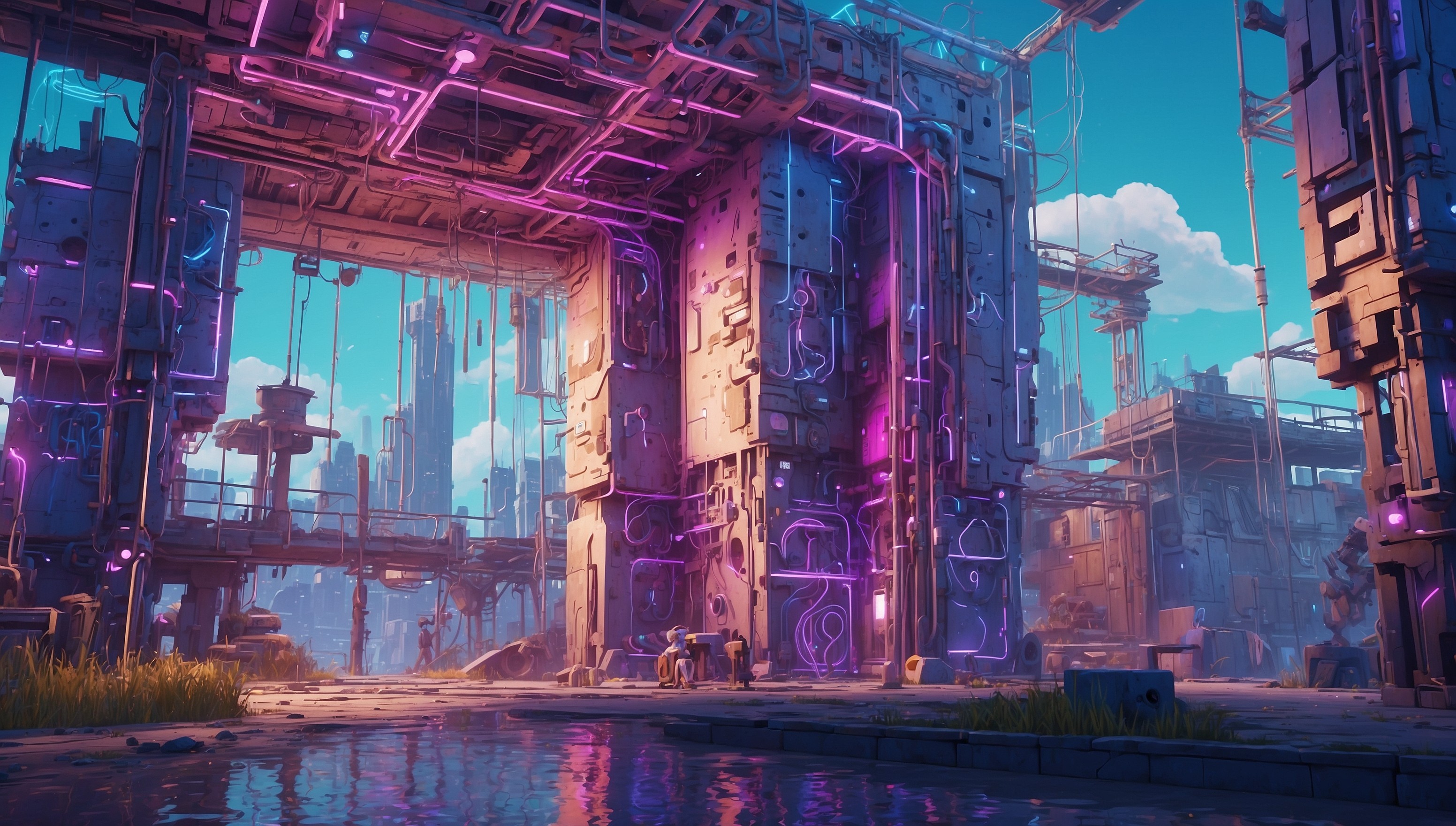 A vibrant and futuristic digital illustration of a fantastical Fortnite building set amidst a sunny, cloud-dotted sky with a subtle gradient of blue tones, blending from light to dark. The building