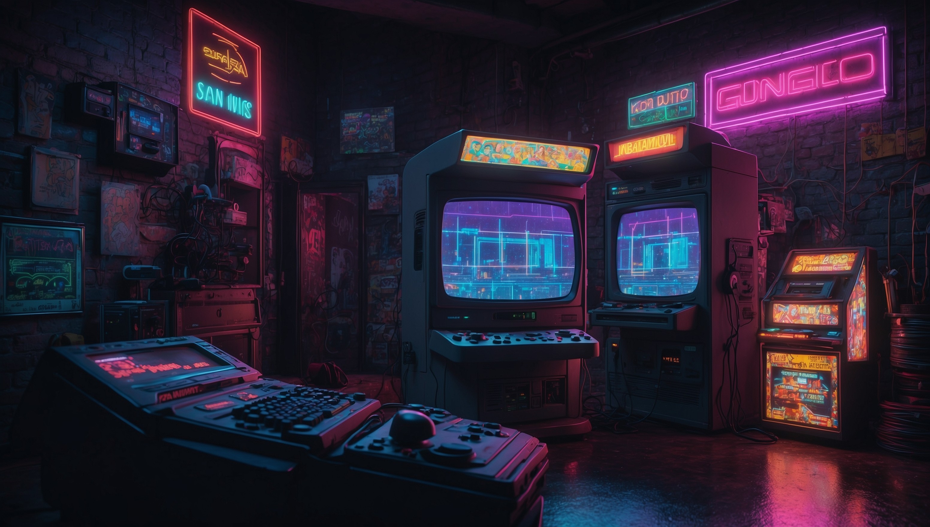 A vibrant, retro-futuristic digital artwork showcasing a nostalgic clash between Sega Genesis and Super Nintendo Entertainment System, set against a neon-lit, pixelated background with a subtle grid pattern, evoking the feel of old computer monitors. In the foreground, the two consoles stand facing each other, their iconic designs and logos prominently displayed in bold, bright colors. The Sega Genesis sports a sleek, curved silhouette with a dark gray and blue accents, while the SNES boasts a more angular, rectangular shape with a gray and purple palette. The atmosphere is electric, with sparks and glowing effects emanating from the consoles, symbolizing the intense competition of the 1990s gaming era. The overall style blends vintage video game aesthetics with a modern, stylized twist, reminiscent of synthwave and retro-tech art.