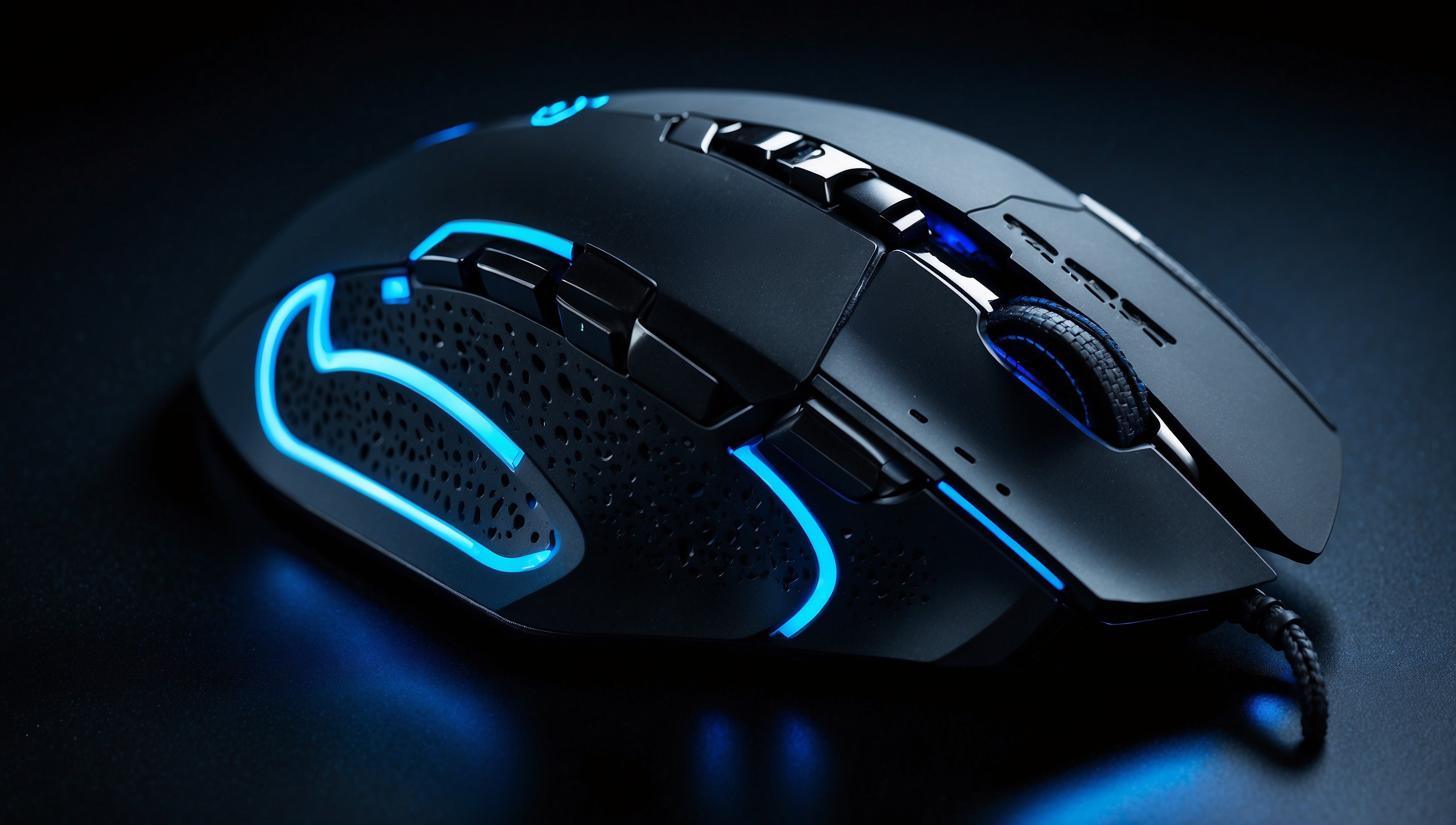 A sleek, high-tech gaming mouse is centered on a dark, gradient blue background, its contoured shape and ergonomic design accentuated by subtle, cool-toned LED lights that wrap around the curvature of the device, the scrolling wheel glowing with a soft, electric blue hue, the left and right click buttons prominent and slightly concave, with a precision-engineered cable extending from the rear, its braided, black sheath glistening in the soft, ambient light.