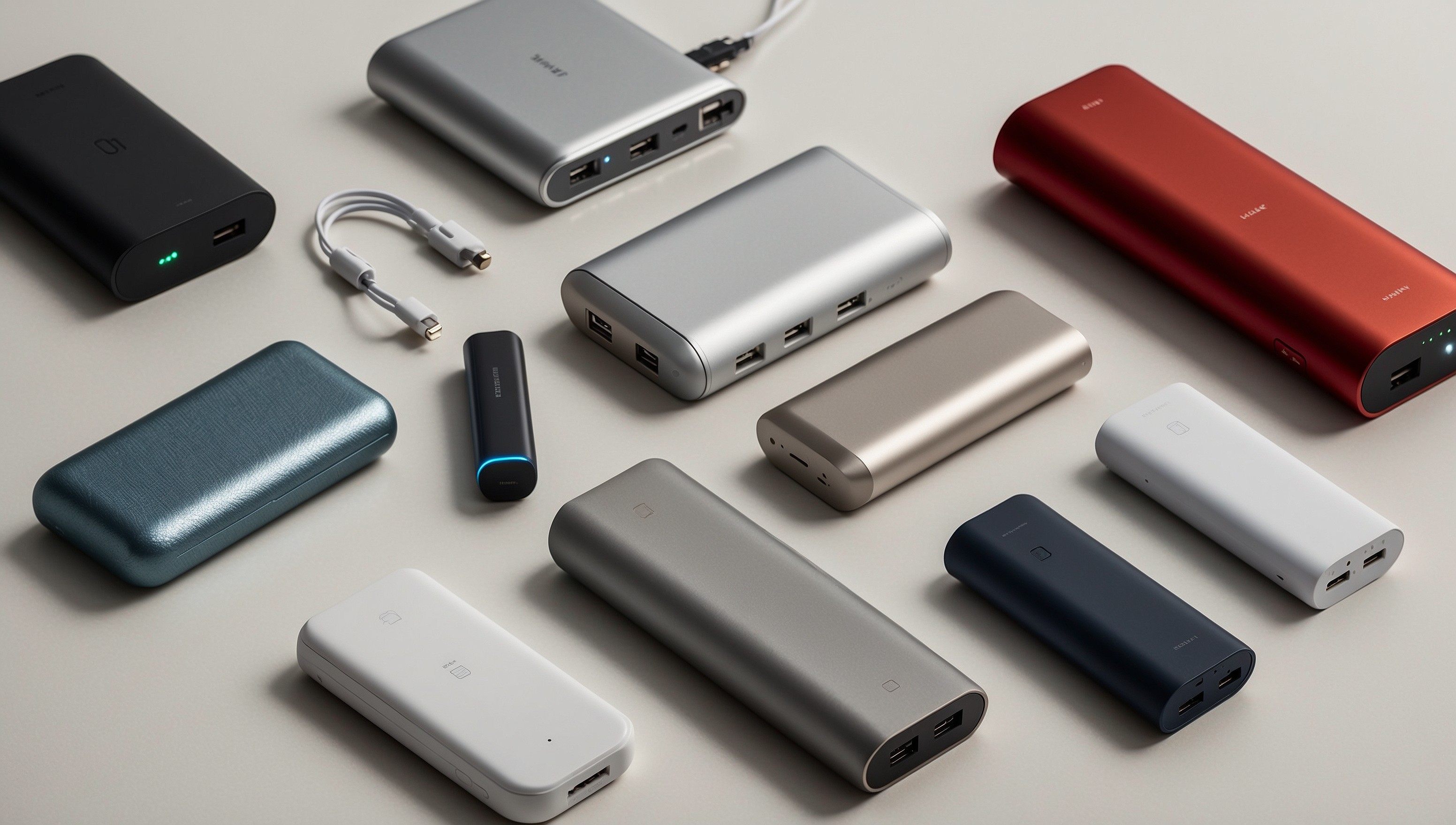 A collection of sleek and modern portable chargers with varying capacities and designs, arranged artfully on a clean and minimalist white background, with subtle shadows to accentuate their rounded edges and compact sizes, showcasing a range of colors such as metallic silver, matte black, and vibrant hues like red and blue, with some featuring LED lights or digital displays that glow softly, and others adorned with minimalist logos or subtle textures, capturing the contrast between advanced technology and portable convenience.