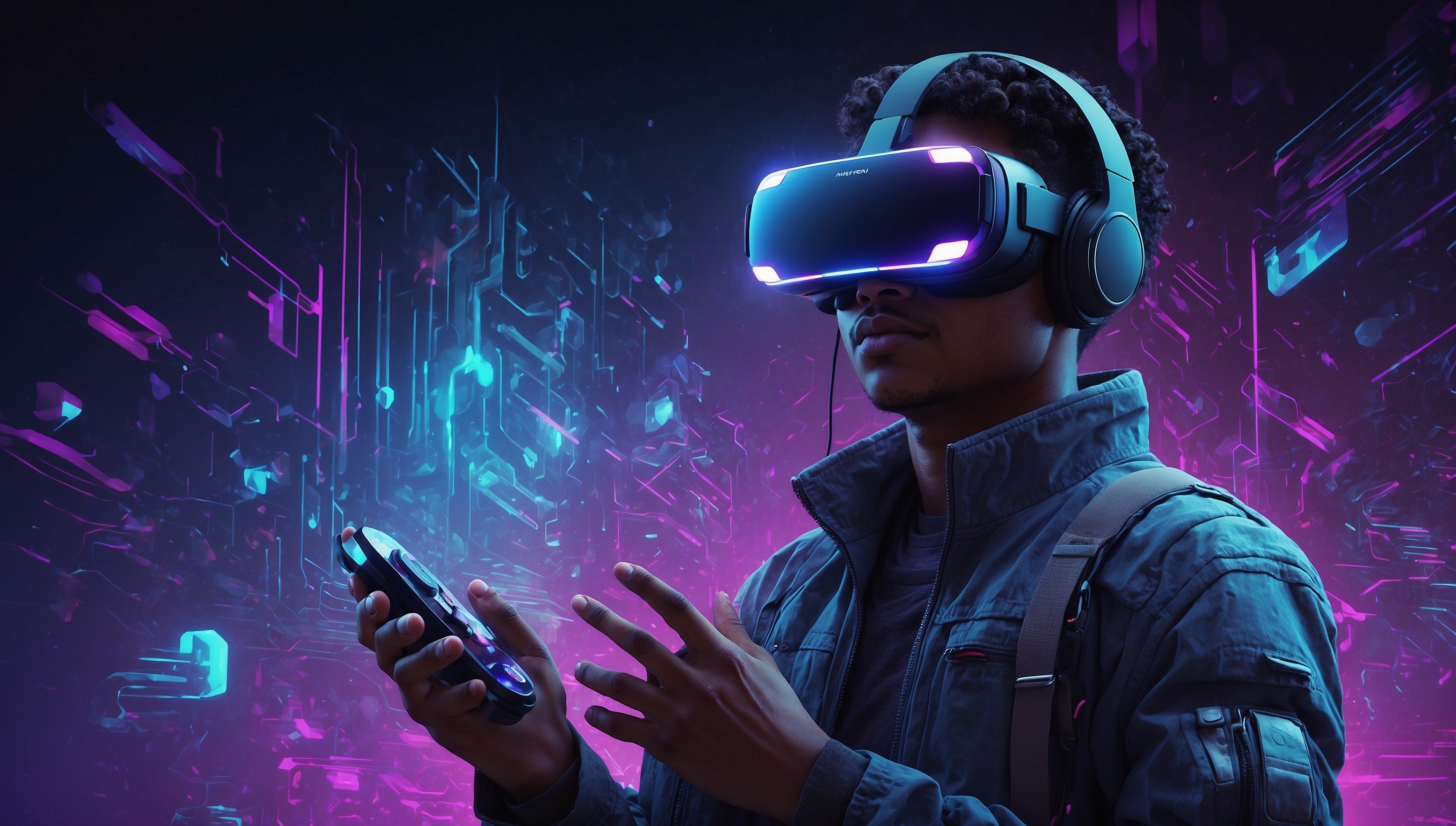 A futuristic gamer, with a energetic expression and bright, shiny eyes, wearing a sleek, high-tech VR headset and holding controllers, surrounded by a mesmerizing, neon-lit virtual reality environment, with vibrant, swirling purple and blue hues, and subtle, glowing circuitry patterns on the headset and controllers, against a dark, gradient background that transitions from deep blues to purples, evoking a sense of immersion and thrill, with a hint of futuristic technology and innovation, capturing the excitement and thrill of exploring new virtual worlds.