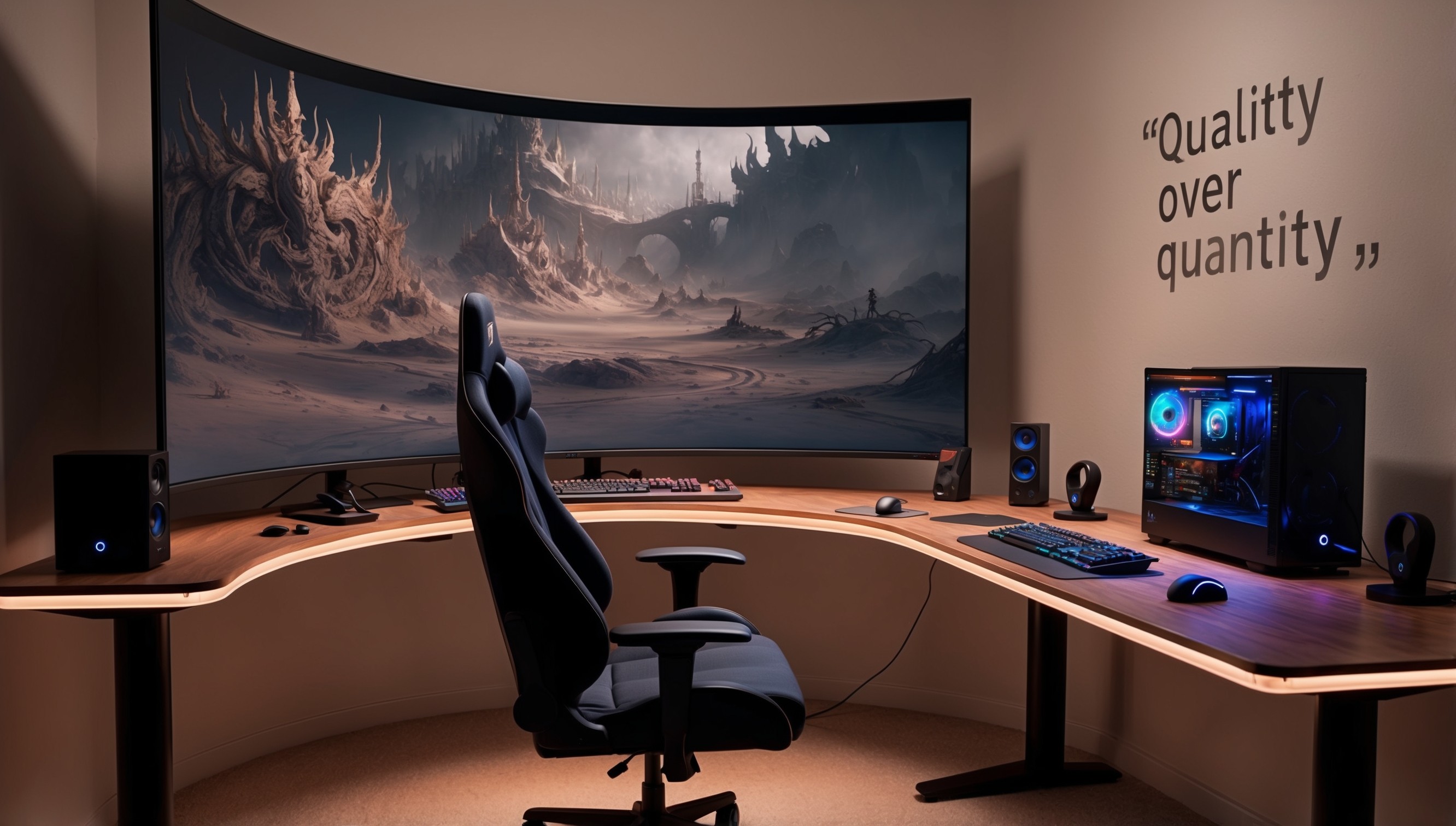 A serene, dimly lit gaming setup with a single, ergonomic chair in the center, surrounded by a few, carefully selected gaming peripherals and a sleek, high-performance gaming PC, all placed on a minimalistic, wooden desk with a subtle, warm glow, evoking a sense of focus and dedication, rather than clutter and chaos, with a large, curved gaming monitor displaying a paused game screen in the background, featuring a complex, fantasy-themed landscape with intricate details and muted, earthy tones, and on the wall behind the desk, a inspirational quote, in a clean, modern, sans-serif font, with the phrase "quality over quantity" written in a contrasting, bold color, to highlight the importance of deliberate practice in gaming.