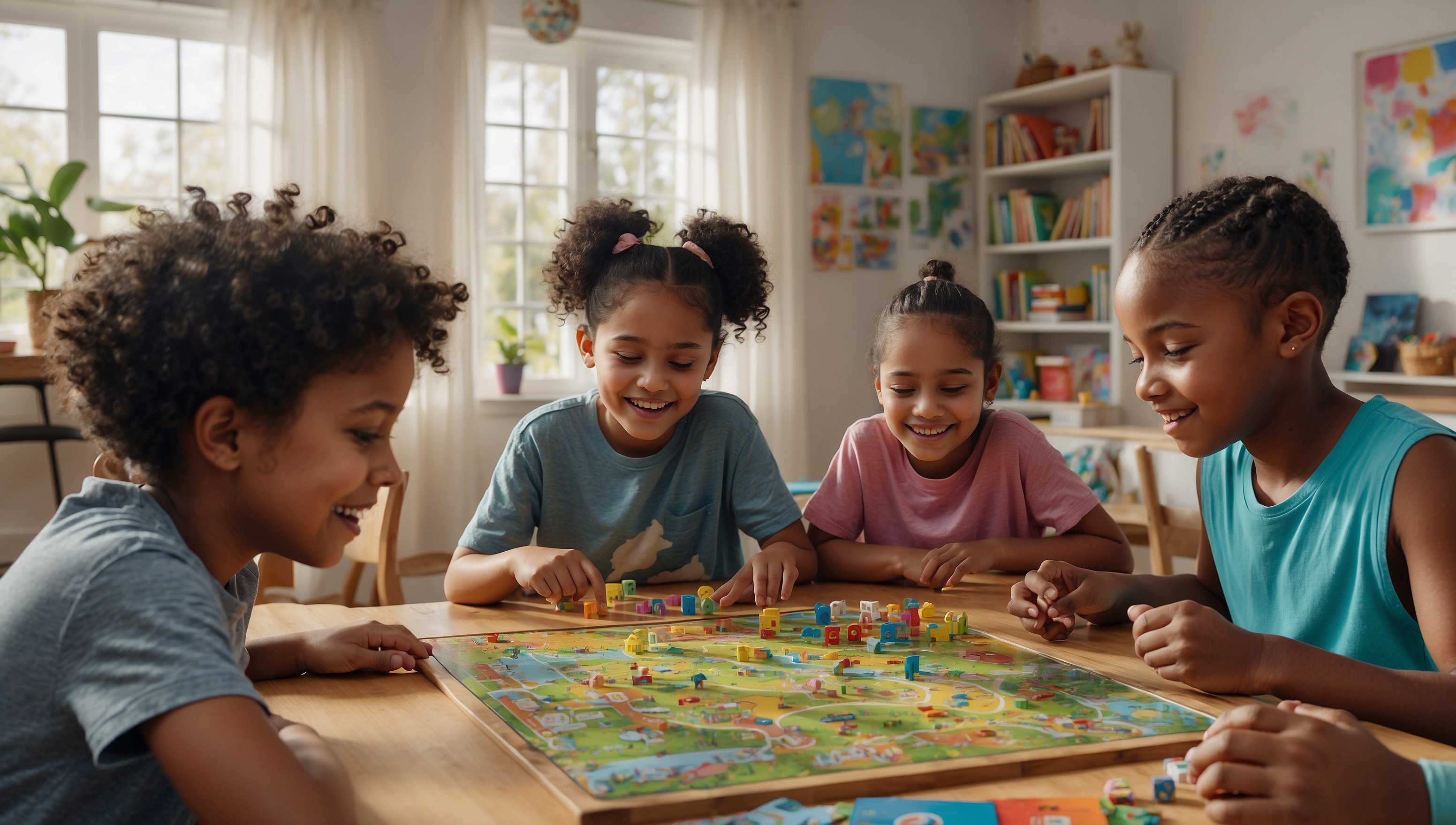 A colorful and vibrant illustration of a group of diverse children, aged 6-12, gathered around a table, engaged in a fun and educational board game session, surrounded by tablets and laptops with kid-friendly games on the screens, with a subtle background of a cozy and well-lit living room or playroom, conveying a sense of safety, friendship, and collaborative learning, with bright hues of blue, green, and yellow, and bold lines and shapes, evoking a sense of joy and excitement, and incorporating subtle hints of parental supervision, such as a faint outline of a guardian