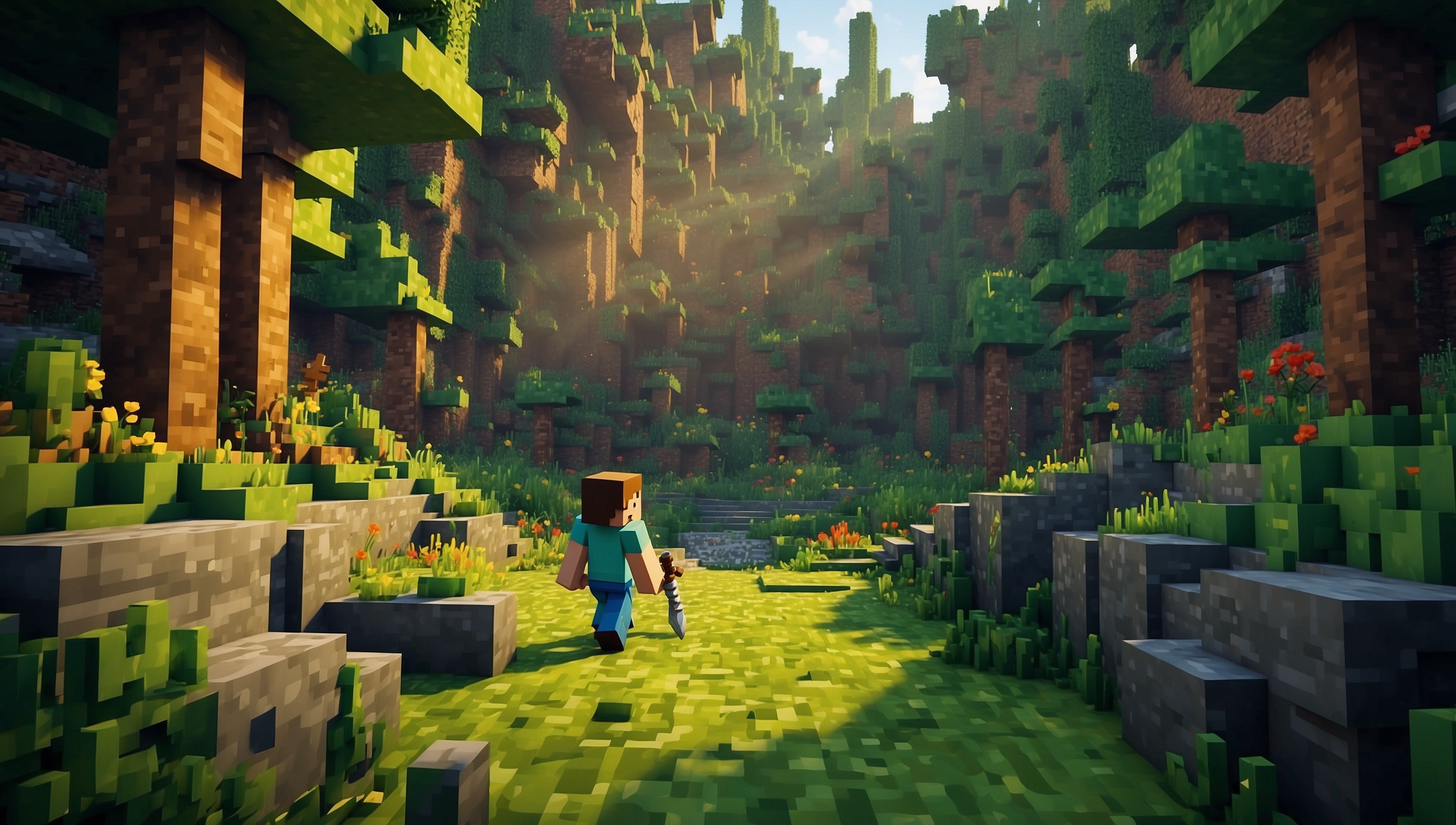 A vibrant and detailed illustration of a Minecraft game scene, set in a blocky, 3D world with a mix of earthy tones and bright colors, featuring a character, likely Steve or Alex, with a determined expression, wearing a signature Minecraft armor and holding a diamond sword, standing in a lush forest biome with tall trees, overflowing with green leaves, and a hint of mist in the atmosphere, with a subtle sun glow casting long shadows, and a few Creepers lurking in the distance, amidst a scattering of rocks, logs, and mining tools, with a subtle grid pattern visible in the background, evoking a sense of wonder and adventure.