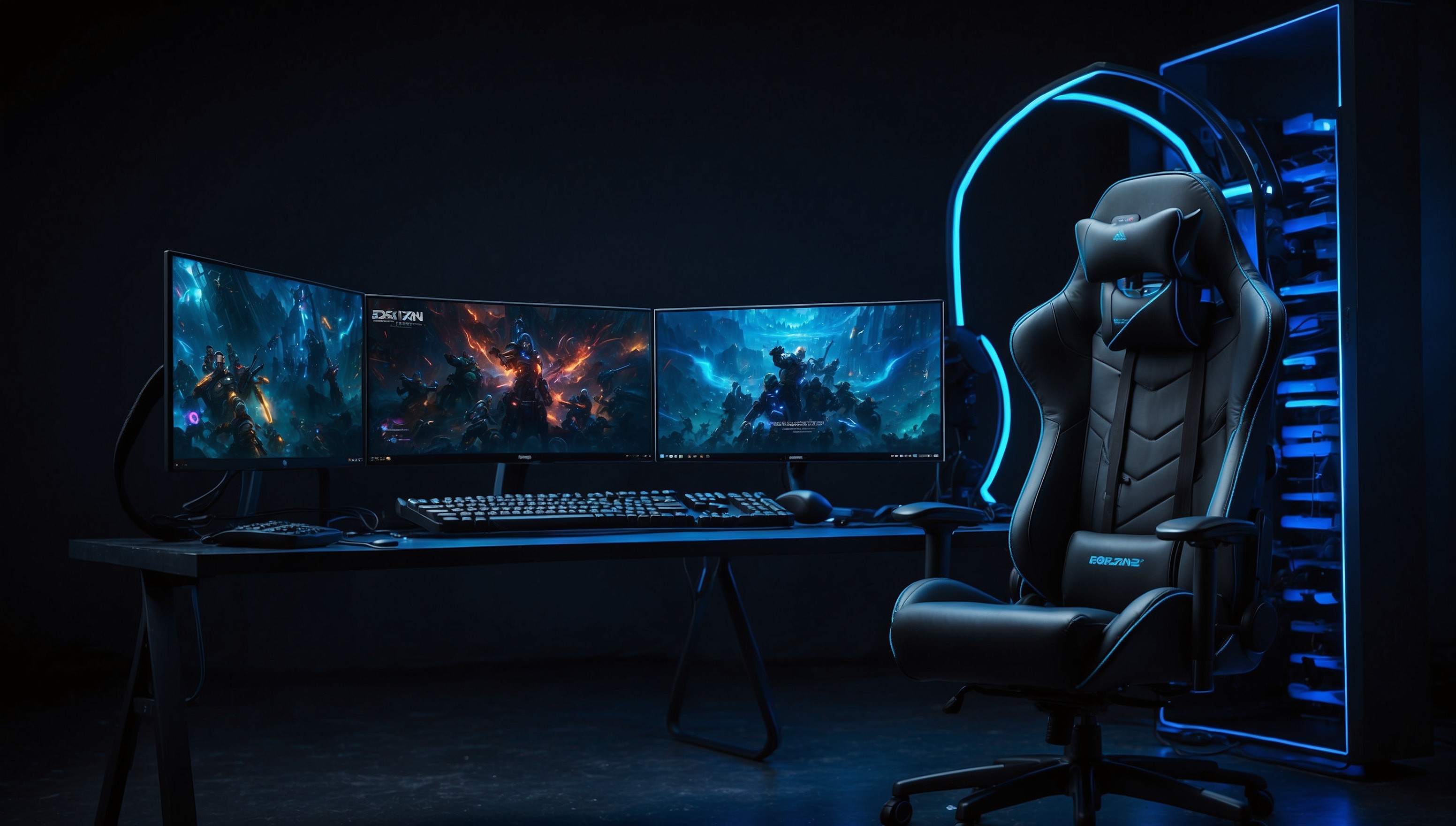 A modern PC gaming setup illuminated by soft, vibrant blue light, with a sleek, black gaming desktop tower in the center, surrounded by a high-tech atmosphere, featuring a 34-inch curved gaming monitor with a 4K resolution, displaying a futuristic game scene with vibrant colors and sharp textures, alongside a pair of high-fidelity gaming headphones with a silver and black design, placed on a ergonomic gaming chair with a sturdy, black metal frame, accompanied by a professional gaming keyboard with customizable, RGB-backlit keys, and a precise, optical gaming mouse with a rubber grip, all set against a dark, gradient background that transitions from deep blue to black, evoking a sense of high-tech sophistication and immersive gaming experience.