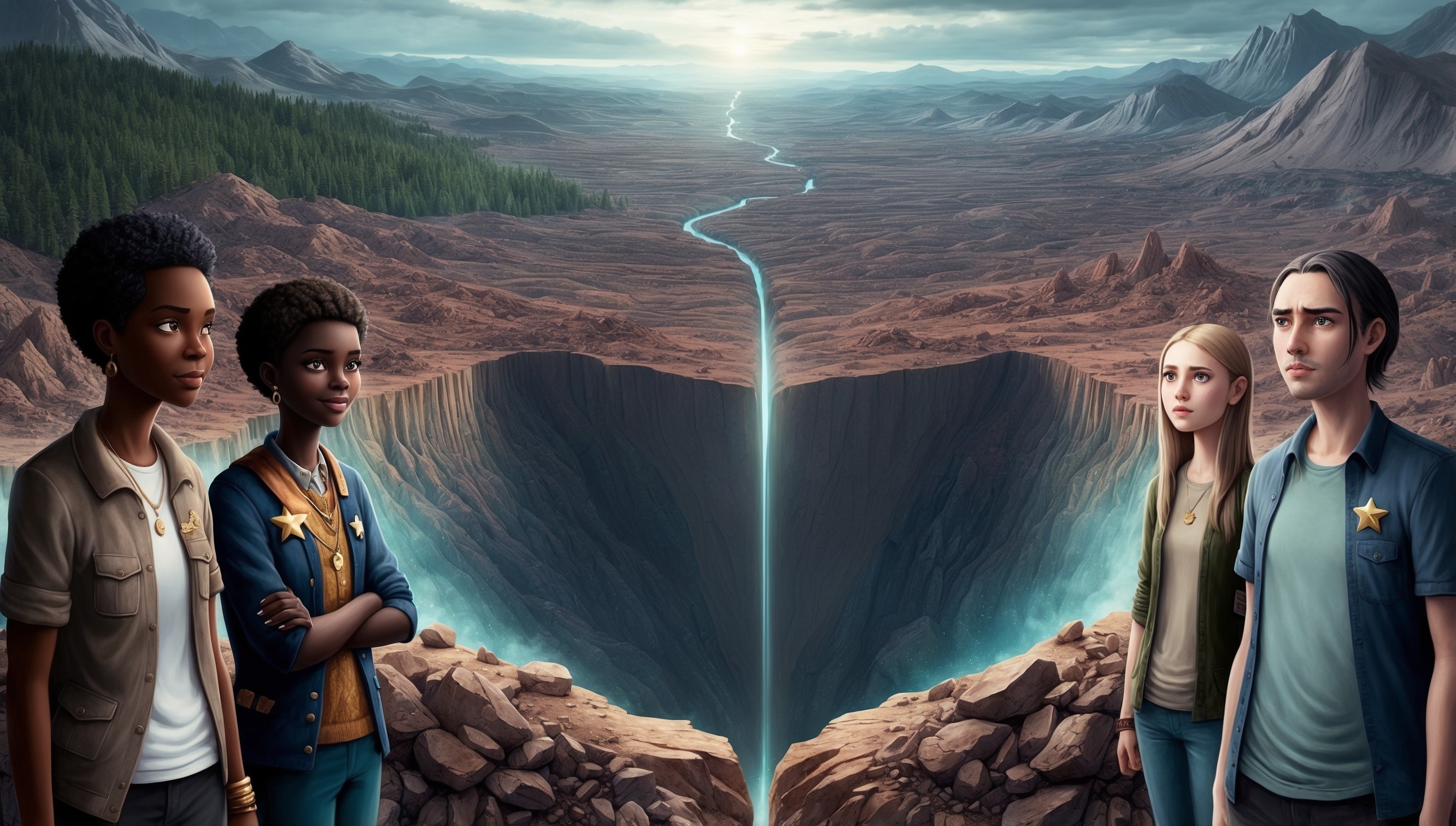 <updated_prompt>
A surreal, dreamlike illustration depicting a vast, rugged landscape divided by a deep chasm, symbolizing the concept of the Great Divide in Skill Levels and Experience. In the forefront, a few individuals with varied skin tones and facial features, each uniquely dressed and accessorized, stand at the edge of the chasm, gazing out at the viewer with contemplative expressions. One figure, with dark skin and short, curly hair, wears a confident smile and a badge with a gold star, while another, with pale skin and long, straight hair, looks uncertain, dressed in casual attire. The landscape behind them transforms from a lush, vibrant forest on one side to a barren, rocky wasteland on the other, with a faint, shimmering light emanating from the depths of the chasm, representing growth, learning, and Self-improvement. The color palette is a blend of muted, earthy tones, with pops of rich jewel tones, evoking a sense of depth and dimensionality. The overall style is a mix of realistic and fantastical, with bold lines, subtle textures, and intricate details.