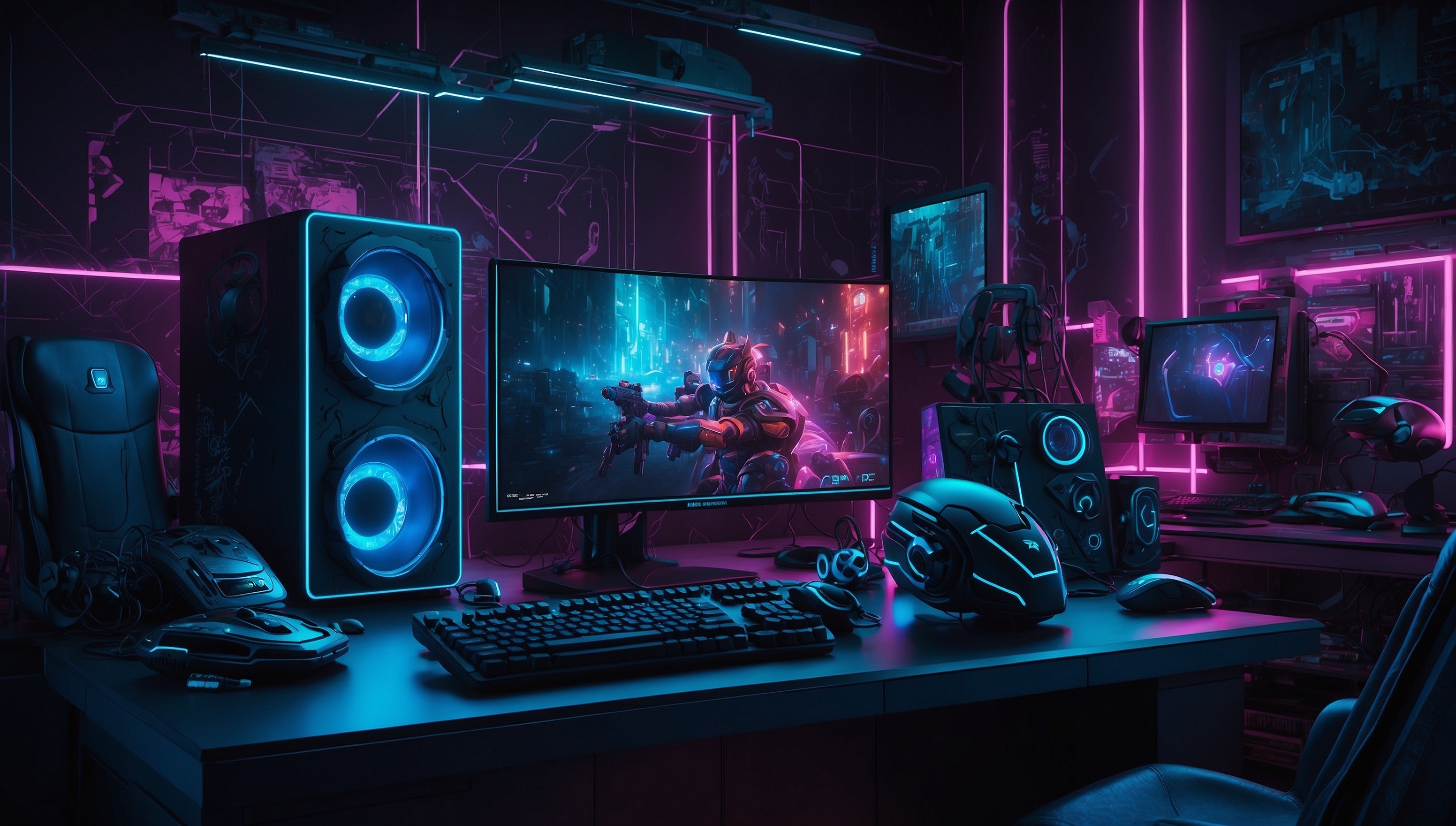 A vibrant and dynamic digital illustration of a gaming setup, featuring a sleek gaming PC with neon-blue accents, surrounded by a collection of popular video games and gaming accessories, set against a dark gradient background with subtle circuit board patterns, with a hint of glow emanating from the screen, conveying a sense of excitement and immersion, in a futuristic and high-tech style, with bold lines, bright colors, and intricate details, capturing the essence of the gaming world.