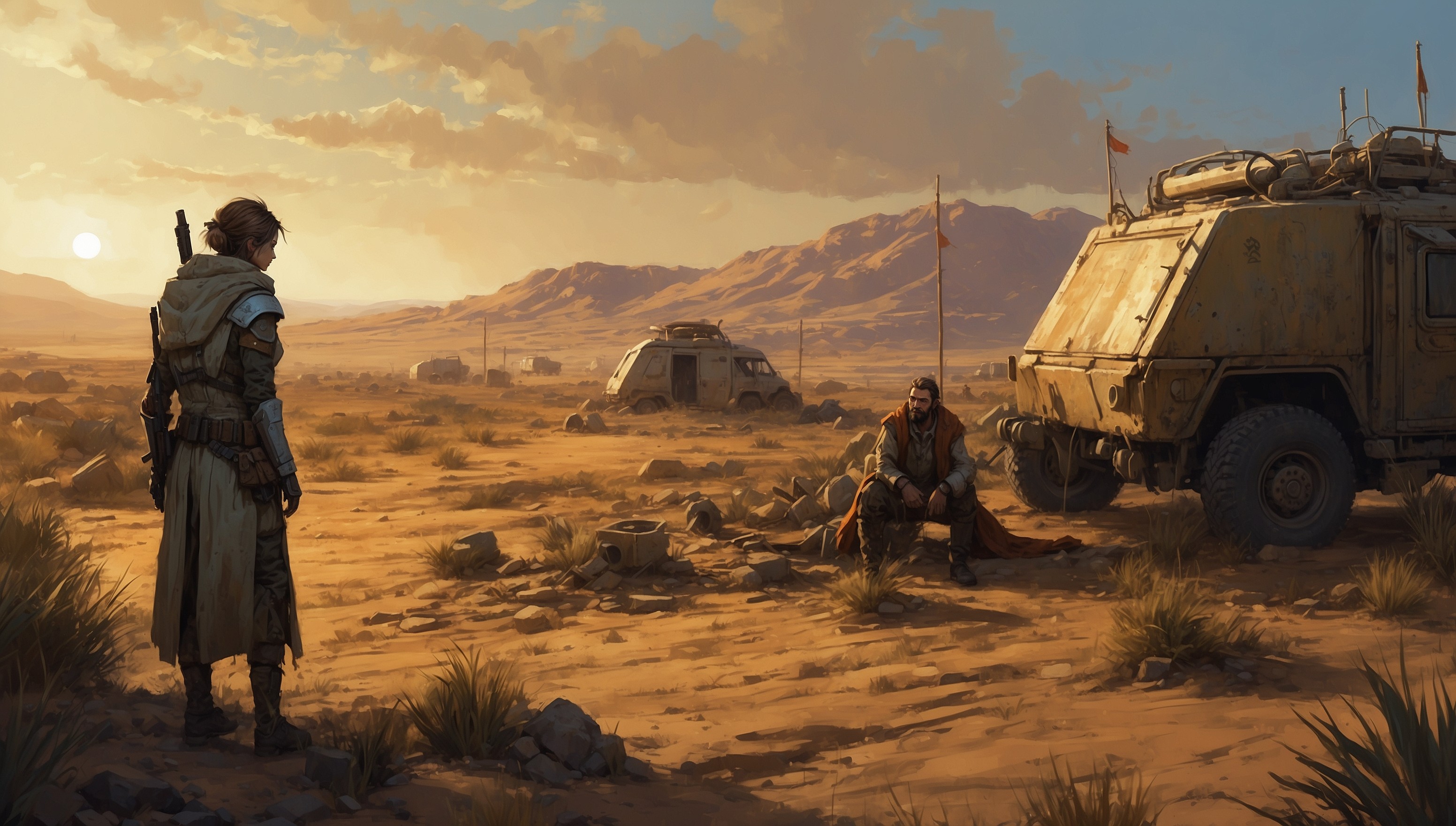 A vibrant, detailed illustration of a RimWorld-inspired scene, set in a futuristic, post-apocalyptic desert landscape, with a blend of scavenged technology and makeshift shelters, featuring a group of survivors, each with unique facial features, skin tones, and clothing, such as a gruff-looking leader with a bushy beard and scar above his left eyebrow, a young woman with short, spiky hair and a prosthetic limb, and a gentle-looking older man with a kind face and worn, earth-toned robes, surrounded by makeshift gardens, scavenged machinery, and makeshift defenses, with a warm, golden light casting long shadows across the terrain, and a subtle, gritty texture evoking a sense of harsh, desert living, with bold, vibrant colors and intricate details that bring the world to life.