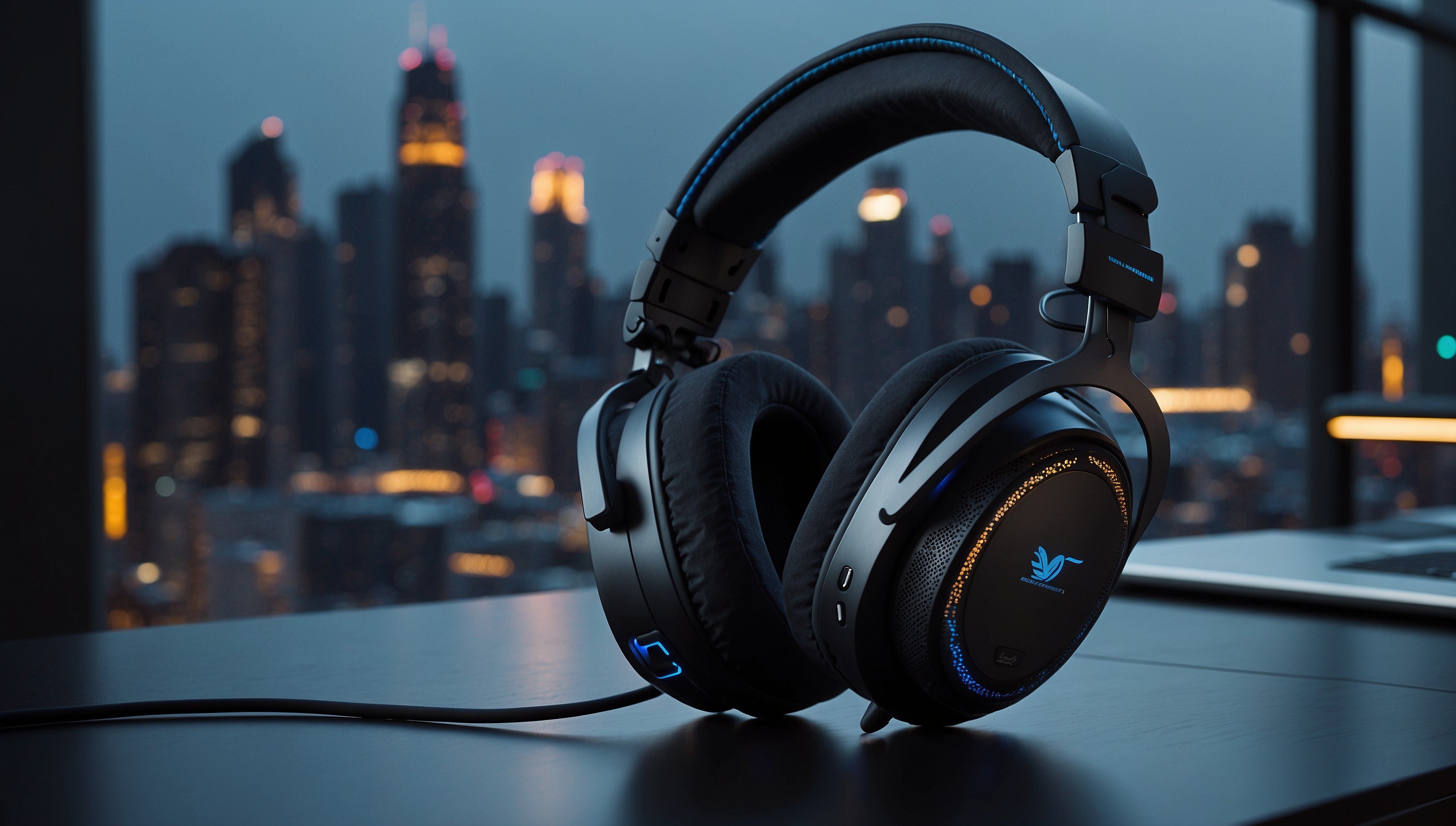 A pair of sleek and modern gaming headphones sits on a clean, minimalist desk, surrounded by subtle ambient light, with a blurred cityscape visible through the window in the background, evoking a sense of focus and immersion. The headphones