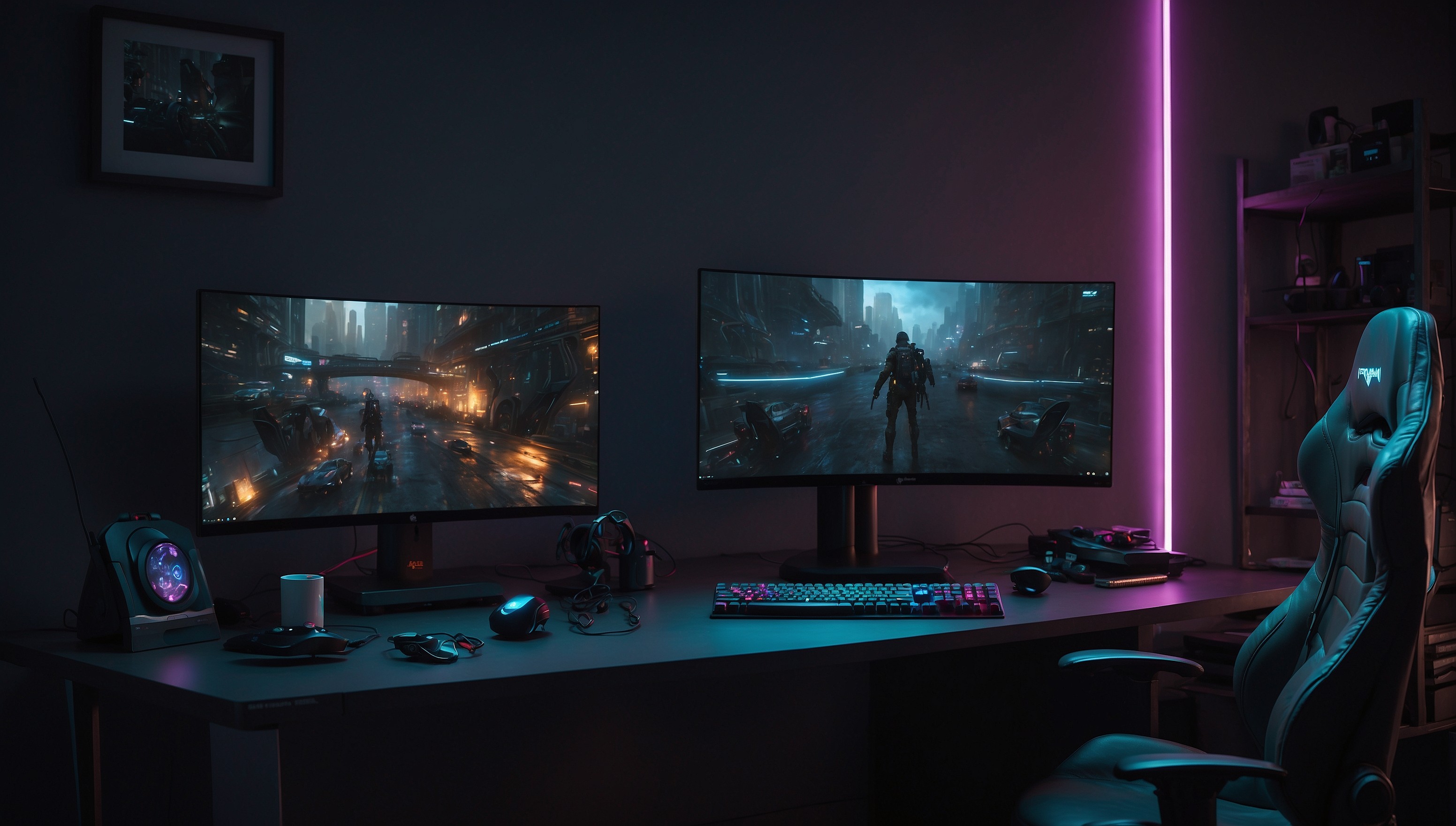 A warmly lit, modern gaming setup featuring a sleek, high-performance gaming PC with vibrant LED lights and a large, curved monitor displaying a realistic, futuristic video game scene, surrounded by a tidy, organized desk with a few strategically placed gaming accessories, such as a specialized keyboard, mouse, and headphones, set against a neutral, dark gray background that highlights the gaming gear, with a subtle, gradient-like glow effect to evoke a sense of excitement and immersion.