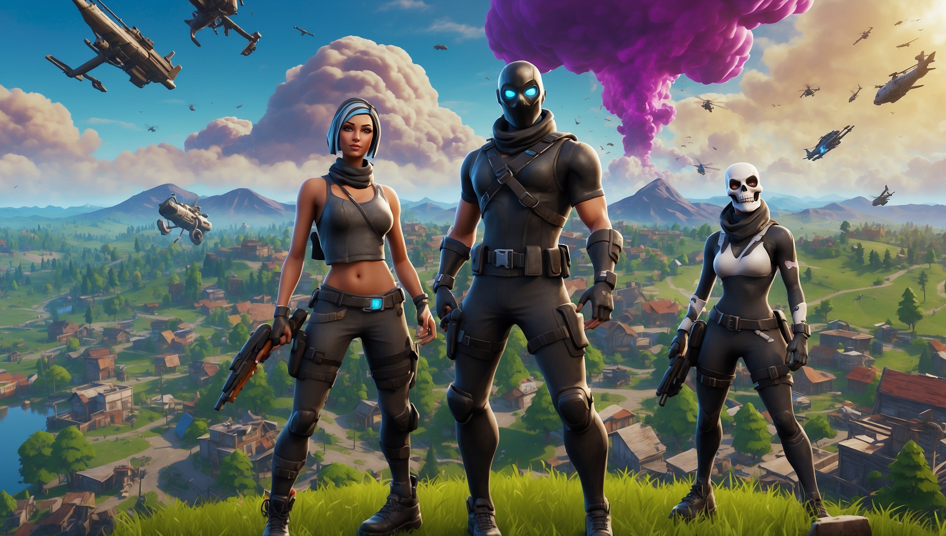 A vibrant, action-packed digital illustration of the popular battle royale game Fortnite, showcasing a sprawling landscape with lush green forests, rolling hills, and futuristic buildings, set against a bright blue sky with a few puffy white clouds, featuring a diverse group of playable characters, including Skull Trooper, Raven, and Cuddle Team Leader, each with unique outfits, weapons, and accessories, standing back-to-back in a heroic pose, ready for battle, with the Fortnite logo, a stylized white "F" shape with a blue circle, prominently displayed in the top-left corner, surrounded by subtle, glowing VFX elements and dynamic lighting effects, blending 3D and 2D visual styles.