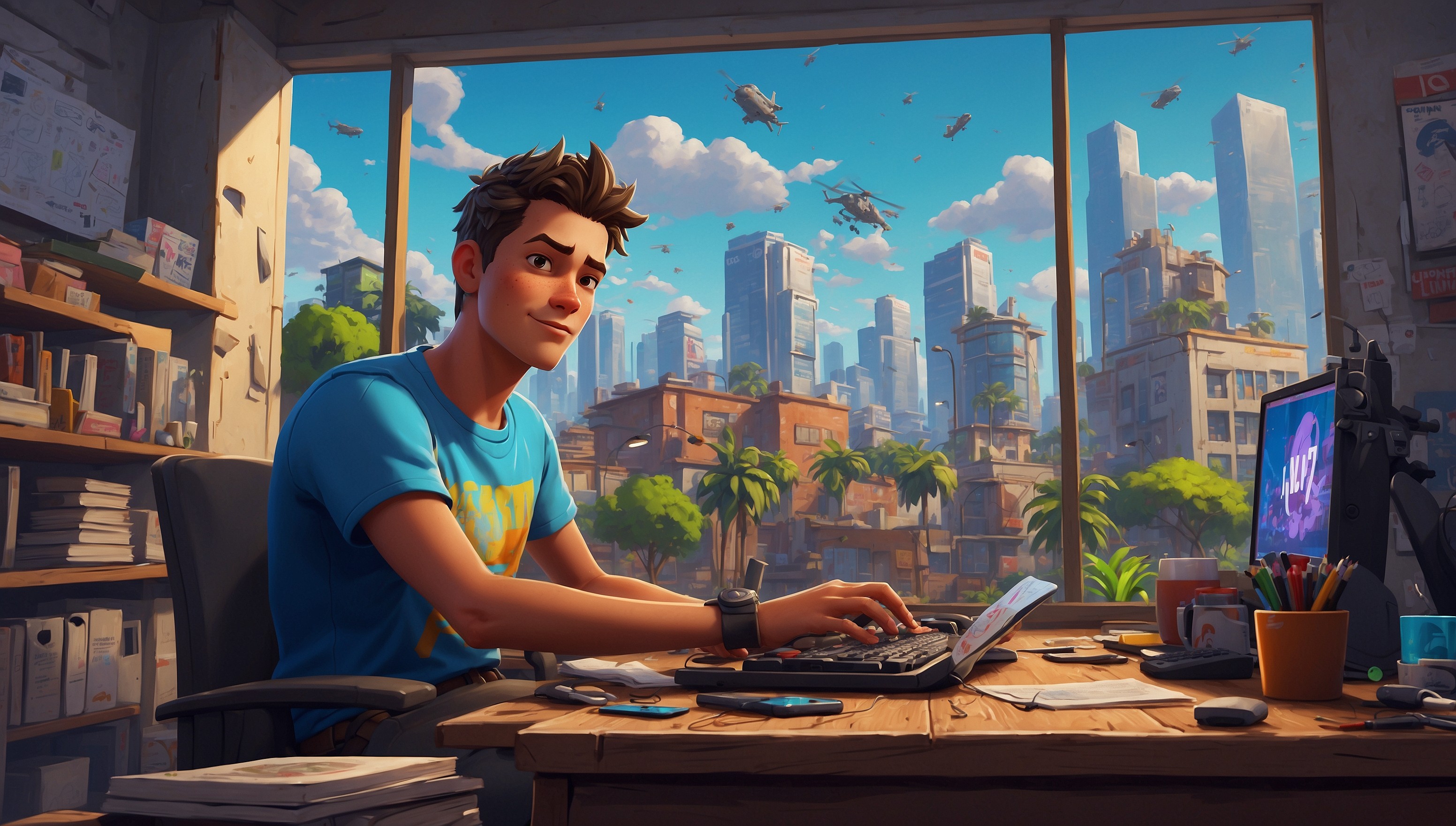 A digital illustration of a Fortnite-inspired scene, set against a vibrant blue sky with fluffy white clouds, featuring a young gamer, likely a teenager, with a determined expression, focused eyes, and a hint of a smile, sitting in front of a cluttered desk with textbooks, pencils, and a laptop open to a Fortnite game screen. The gamer has short, messy brown hair and a few acne spots on their forehead, wearing a casual blue t-shirt and grey sweatpants. On the desk, there