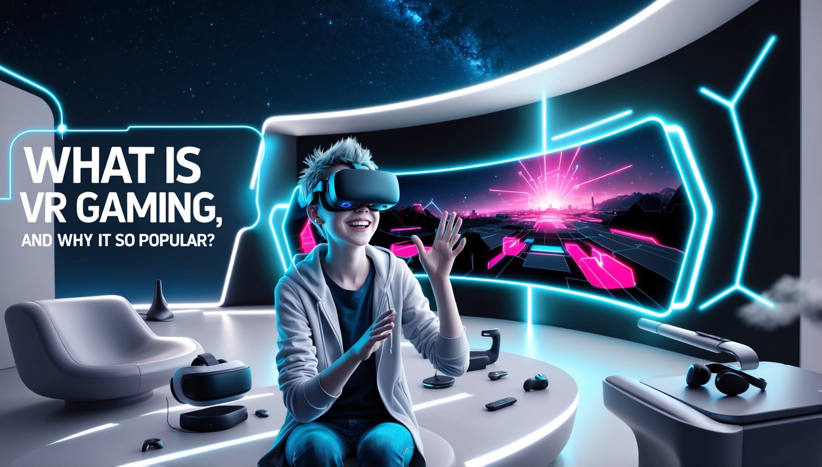 A futuristic, high-contrast illustration depicting a young adult, likely in their early twenties, with short, spiky hair and bright, inquisitive eyes, sitting in a sleek, minimalist room surrounded by futuristic gadgets and VR headsets, with a large, curved screen displaying a vibrant, neon-lit virtual reality landscape in the background, while the person is wearing a VR headset, gesturing with excitement, and smiling, revealing a slight gap between their front teeth, against a dark blue, starry night sky with subtle, glowing constellations, incorporating bold, neon-lit accents and futuristic lighting, with a blurred, ghostly image of a controller and a gamepad faintly visible on the periphery, and a bold, white, sans-serif font displaying the question "What Is VR Gaming, and Why Is It So Popular?" in the top-left corner, with a subtle, rounded rectangle border and a soft, glowing effect.