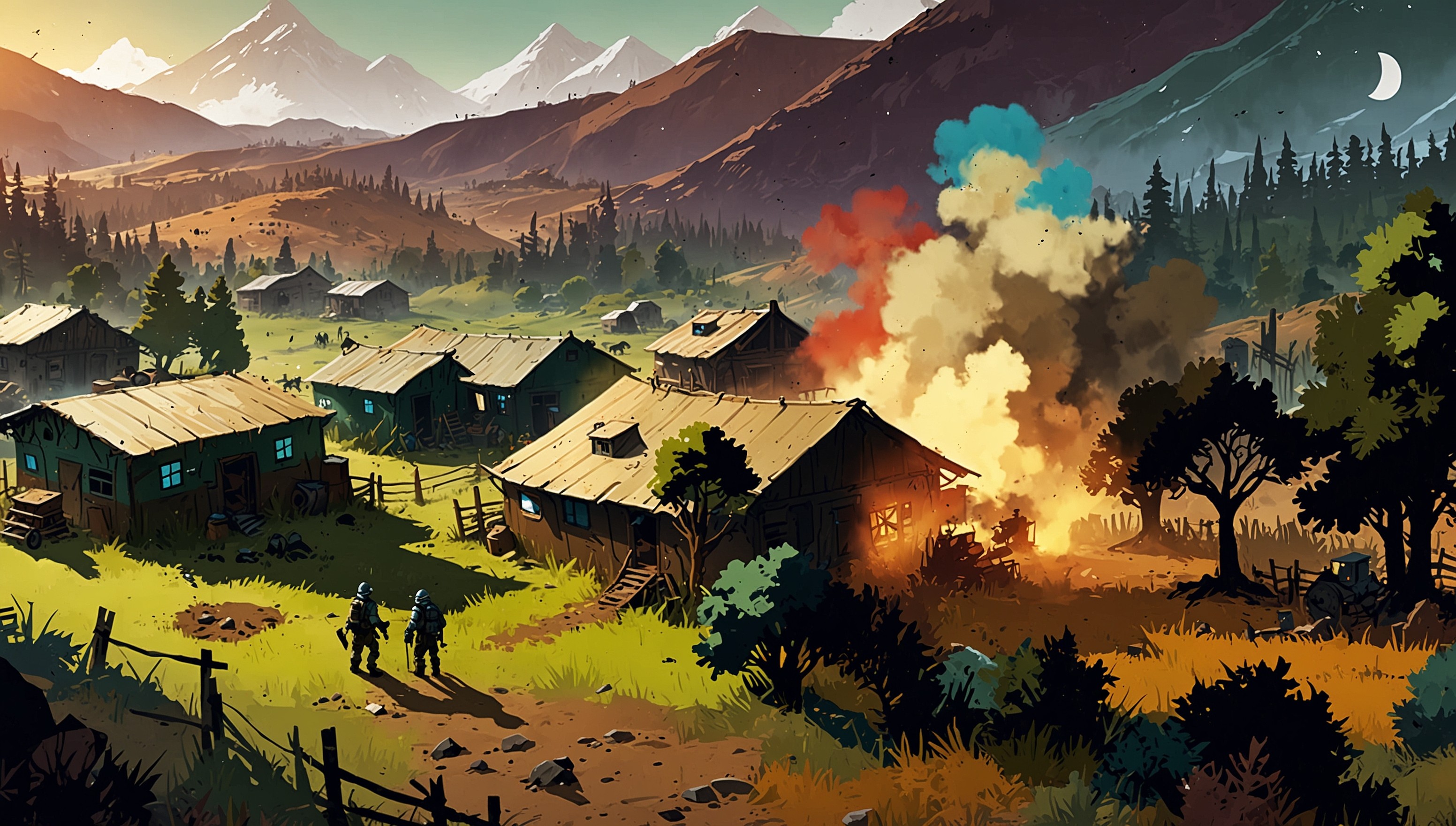 A vibrant, digital illustration depicting a scene from the popular colony-building simulation game RimWorld, set against a majestic, otherworldly landscape with rolling hills, towering trees, and a serene atmosphere. The image showcases a bustling colony with multiple characters engaged in various activities, such as farming, crafting, and socializing. The colony