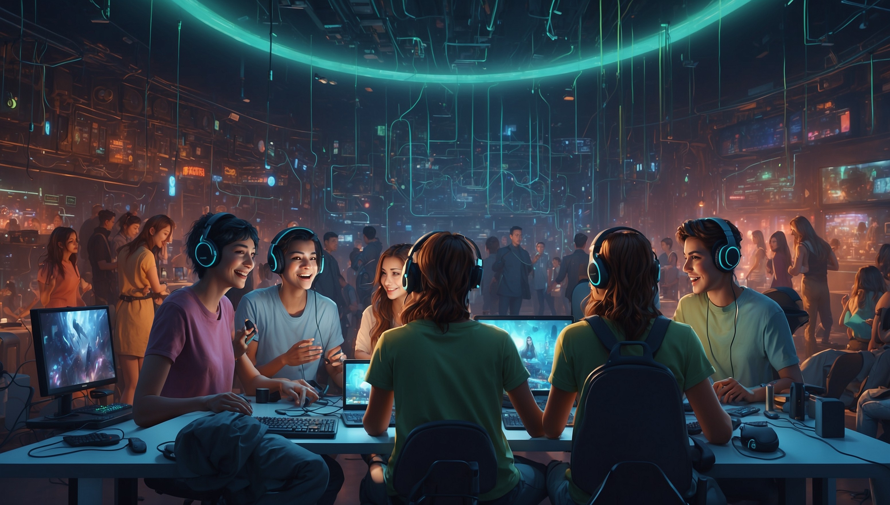 A vibrant and dynamic illustration of a group of friends from different cultural backgrounds gathered around a large, curved screen, surrounded by various gaming devices such as consoles, PCs, and mobile phones, all connected seamlessly, conveying the concept of cross-platform gaming. The room is dimly lit, with soft blue and green hues, evoking a sense of excitement and technology. The friends, all with unique facial features, skin tones, and hairstyles, are fully engaged, some with gaming headsets, others with controllers, all showcasing a range of emotions from focus to joy. In the background, subtle textures of circuits and codes blur together, symbolizing the merging of platforms. The overall style is a blend of digital art and minimalism, with bold lines, smooth gradients, and stylized lighting.