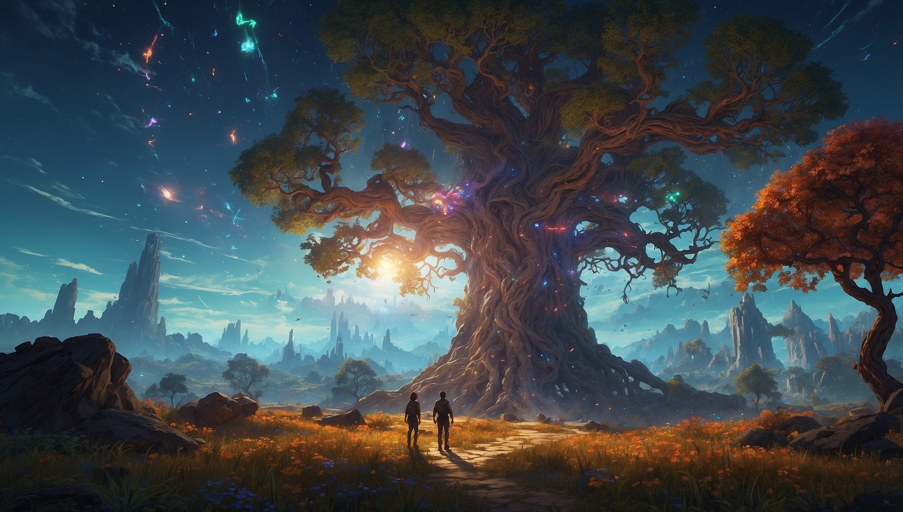 A surreal, dreamlike scene depicting the convergence of three distinct gaming genres: Sandbox Games, Metroidvanias, and Open-World RPGs. In the forefront, a majestic, ancient tree with glowing, ethereal roots serves as a nexus, its branches stretching towards the sky, each one morphing into a console or gaming console, with screens displaying iconic characters and landscapes from various games within each genre. The background is a swirling vortex of colors, with hints of pixel art and subtle, shimmering textures, evoking a sense of digital wonder and exploration. The atmosphere is vibrant, with soft, golden lighting and an air of anticipation, as if the gamer is about to embark on an epic adventure. In the distance, faint silhouettes of gamers can be seen, each one representing a different type of player, with varying skin tones and hairstyles, all united in their passion for gaming.