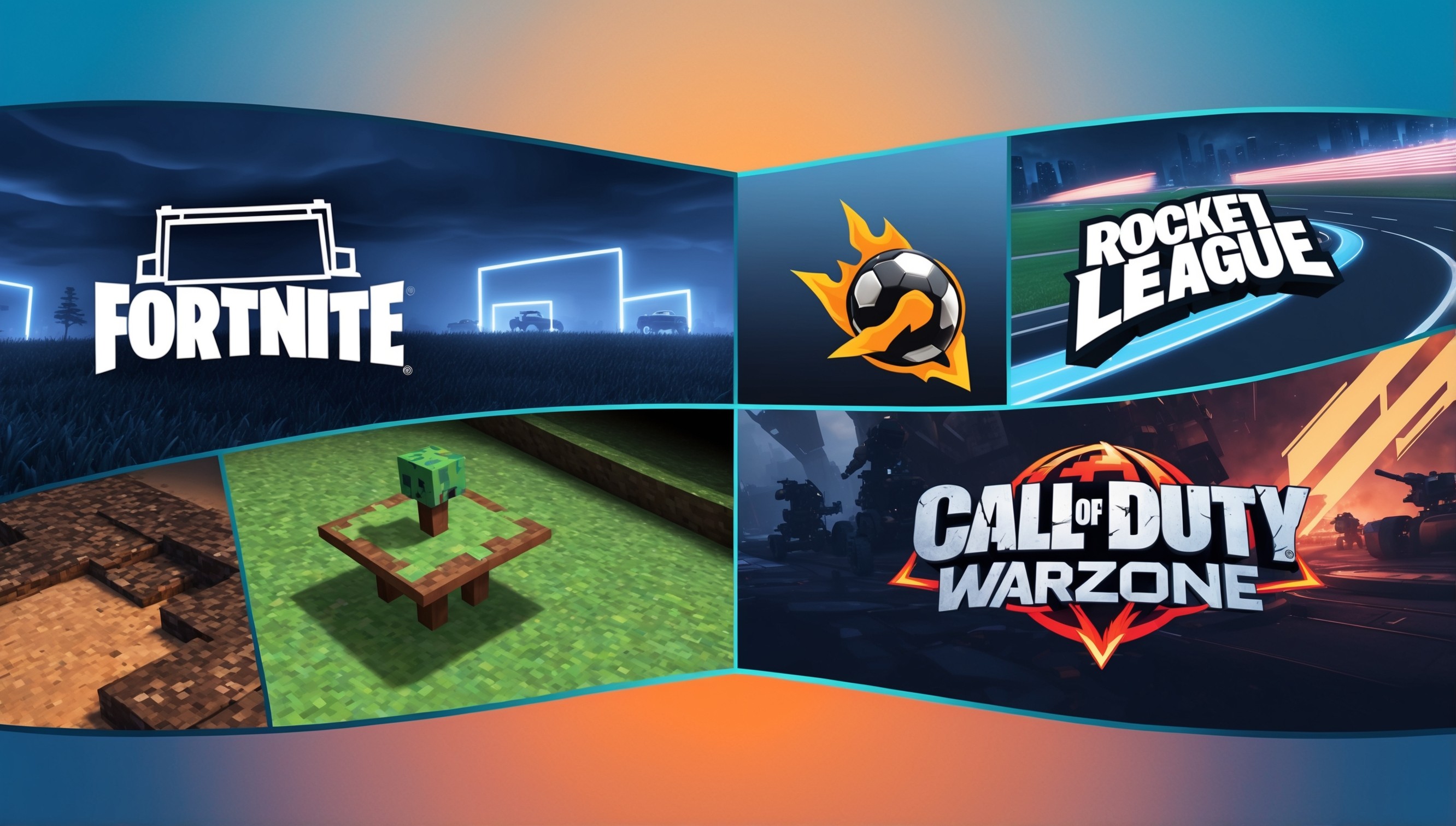 A vibrant, eye-catching illustration featuring four popular cross-platform games, each prominently displayed in a distinct section of the image, with a subtle gradient background transitioning from a deep blue at the top to a bright orange at the bottom, evoking a sense of excitement and energy. Fortnite