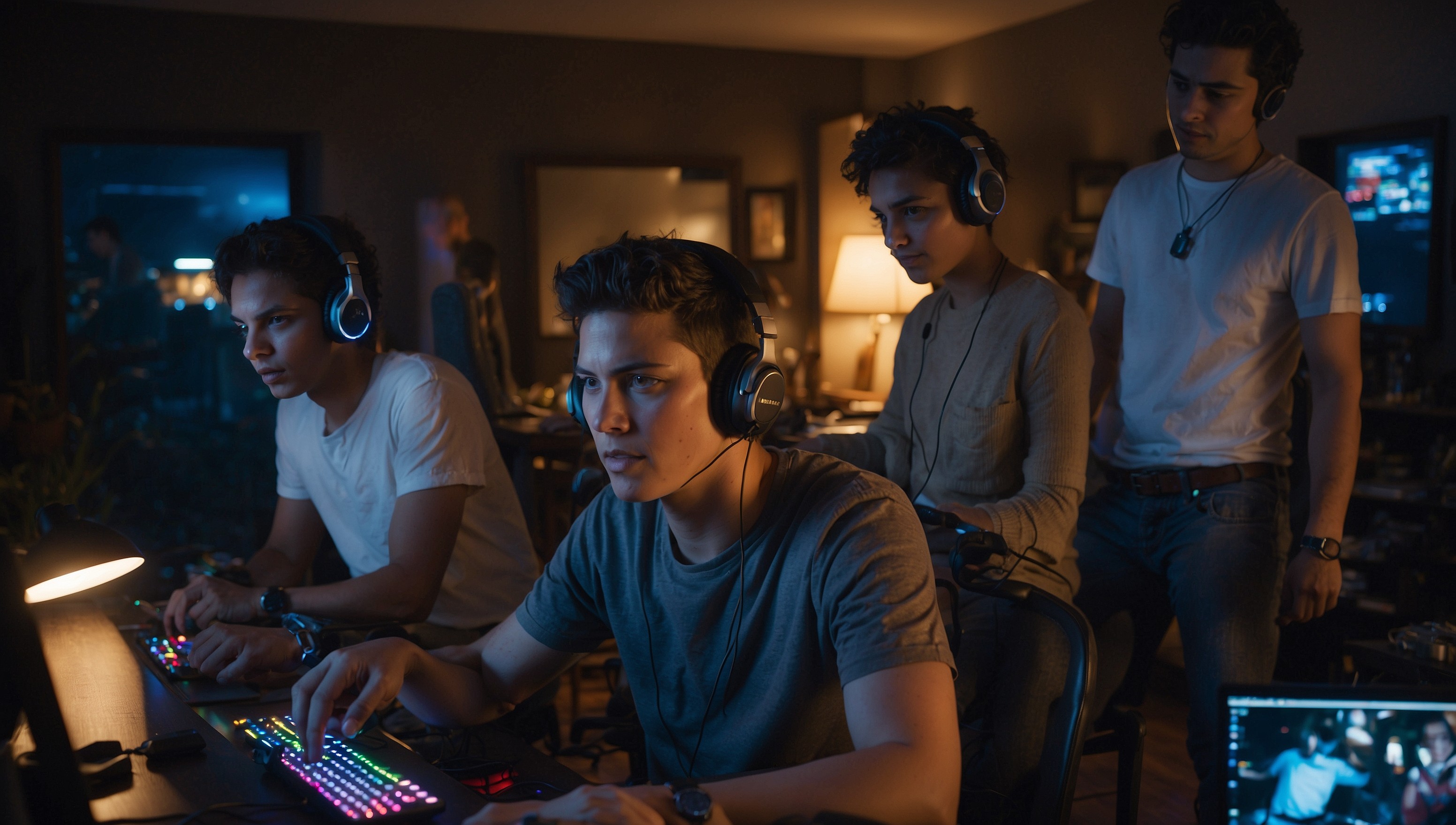 A group of diverse friends of varying ages, genders, and skin tones gathered around a cluttered gaming table, intensely engaged in a cross-platform gaming session, surrounded by open laptops, consoles, and mobile devices, with headphones and controllers scattered all over, amidst a dimly lit, cozy gaming den with warm, ambient lighting, and a subtle glow of LED lights from the devices, showcasing a mix of excitement, focus, and camaraderie on their bright, animated faces, with eyes fixed on their respective screens, and fingers swiftly moving across controllers and keyboards.