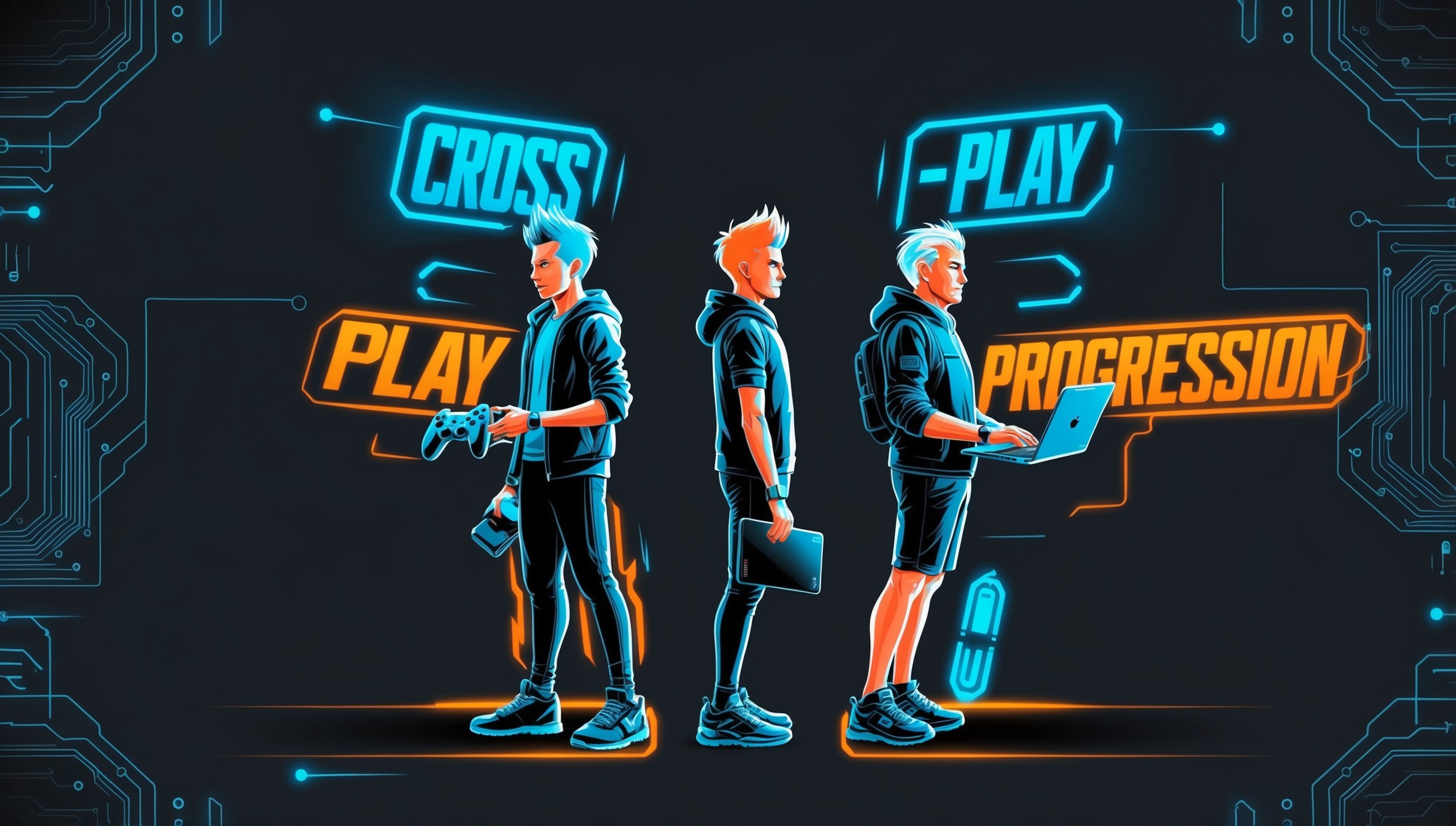 A bold, high-contrast illustration comparing Cross-Play and Cross-Progression, set against a dark blue-grey background that represents the digital realm, with subtle circuitry patterns and glowing neon lights. At the center, two figures stand back-to-back, each embodying one concept: Cross-Play, depicted as a young adult with short, spiky hair and a bright, energetic aura, holding a console controller and a smartphone, symbolizing seamless play across devices; Cross-Progression, portrayed as an older adult with a calm, wise expression, carrying a laptop and a tablet, representing progress and data synchronization. The figures are designed in a stylized, futuristic aesthetic, with vibrant, neon-lit accents and outlines. The text "Cross-Play" and "Cross-Progression" appear in bold, futuristic fonts, one in blue and the other in orange, hovering above each figure, with subtle glow effects. The overall style blends digital art with abstract, futuristic elements, conveying the innovative and forward-thinking aspect of these gaming phenomena.