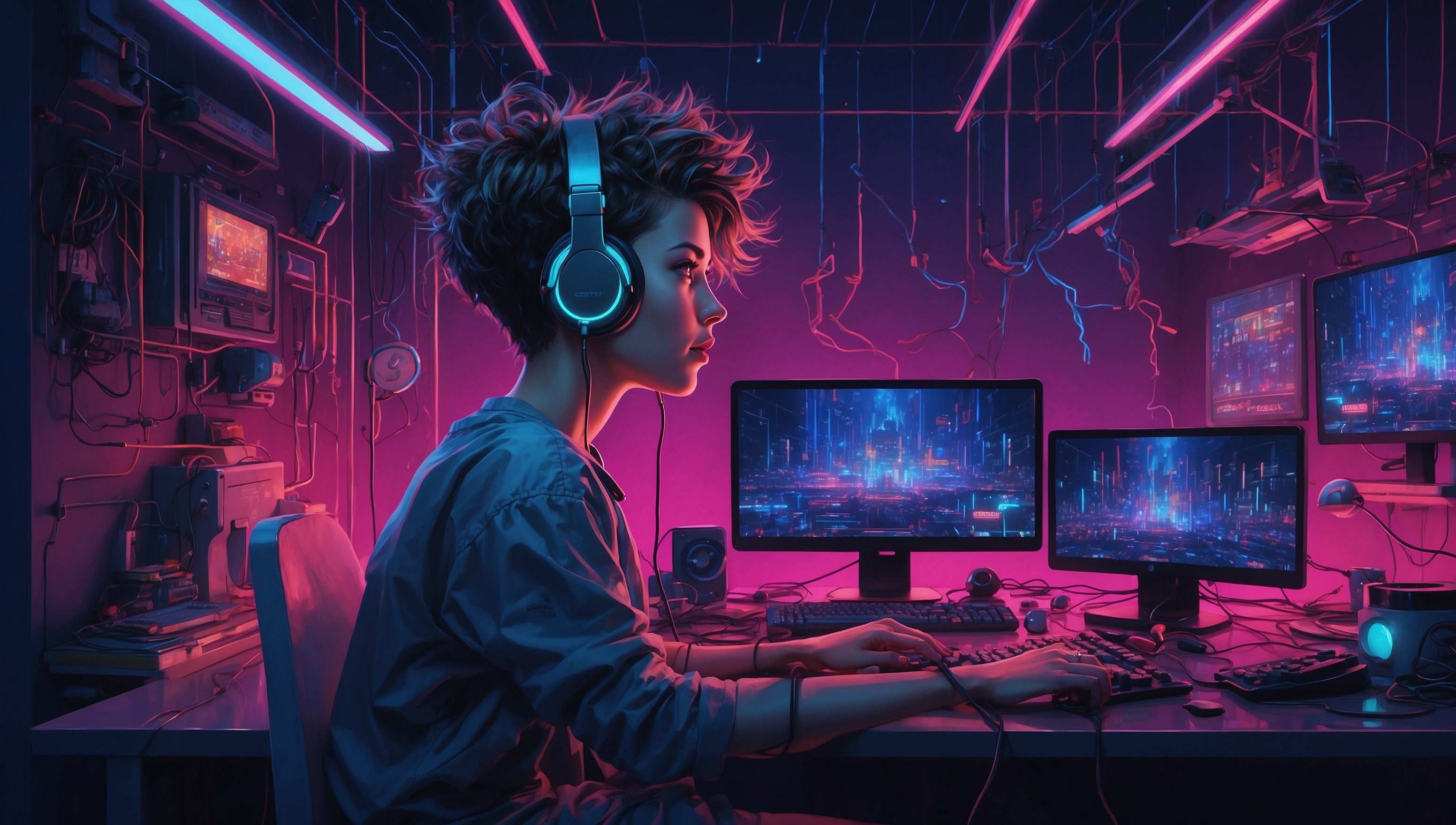 A vibrant, futuristic illustration of a young adult with short, spiky hair and bright, expressive eyes gazing excitedly at a sleek, high-tech streaming setup, surrounded by neon-lit wires, glowing screens, and a few scattered gaming peripherals, against a dark blue-purple gradient background, with bold, electric blue accents and subtle, pulsing lights, evoking a sense of energy, enthusiasm, and digital excitement, as they prepare to start their live stream, with the words "Starting Your Stream" emblazoned in bold, pixelated font across the top of the image in a bright, poppy pink color that stands out against the cool-toned background.