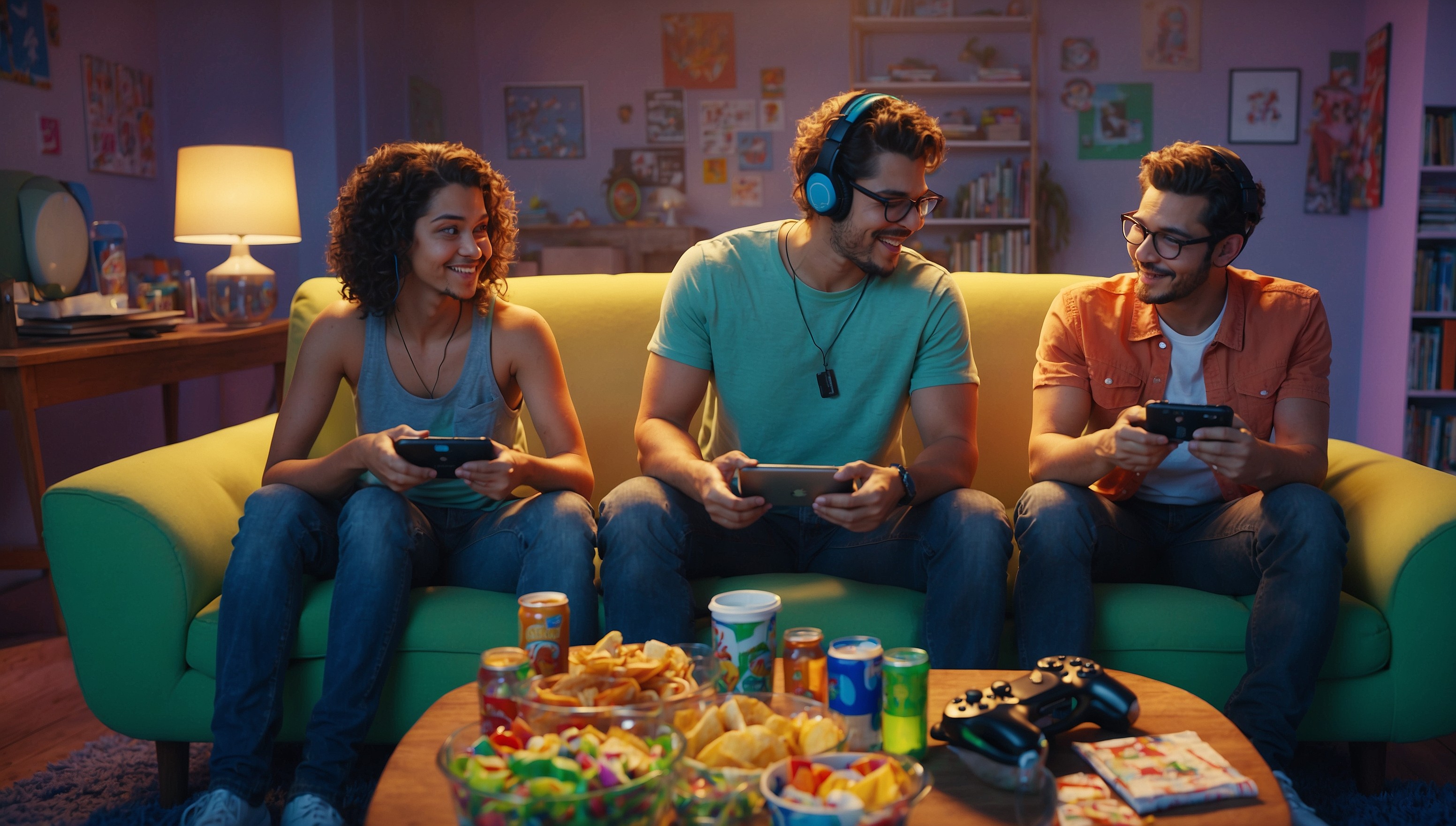 A vibrant illustration of cross-platform gaming, showcasing a group of diverse friends, each holding a different gaming device, such as a console, PC, smartphone, and tablet, sitting together on a colorful couch, surrounded by snacks and drinks, with a large screen in the background displaying a popular multiplayer game, featuring a mix of realistic and fantasy elements, with warm, soft lighting and subtle gradient effects, blending pastel colors, like sky blue, lime green, and orange, creating a playful and inviting atmosphere, with expressive facial features and unique hairstyles on each friend, highlighting their individuality and camaraderie, and tiny game-related details, such as controllers, headsets, and game boxes, scattered around the room, with bold, modern font text reading "Play Together, Anywhere" in a circular motion above the couch.